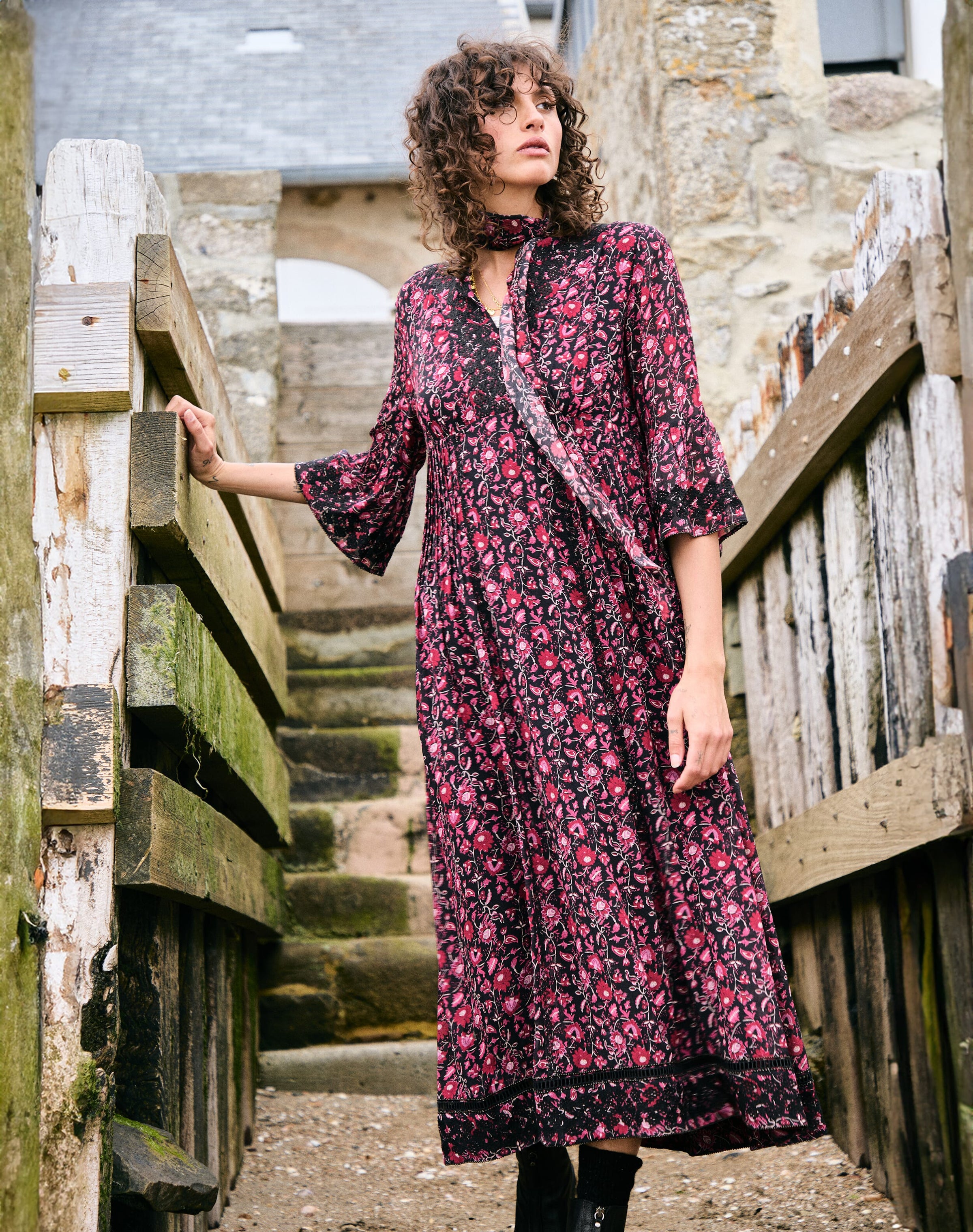 Silk Embroidered Pintuck Dress