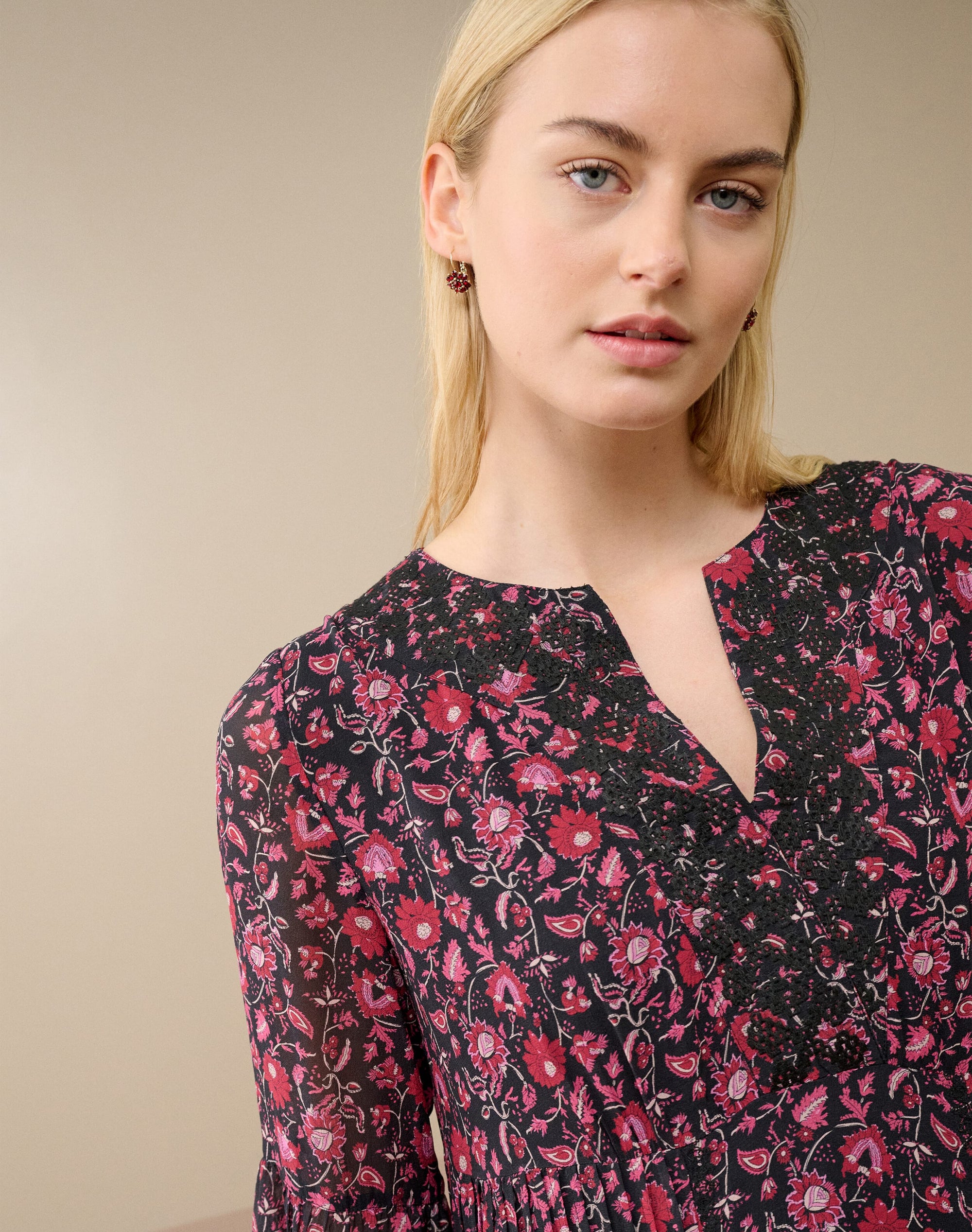 Silk Embroidered Pintuck Dress