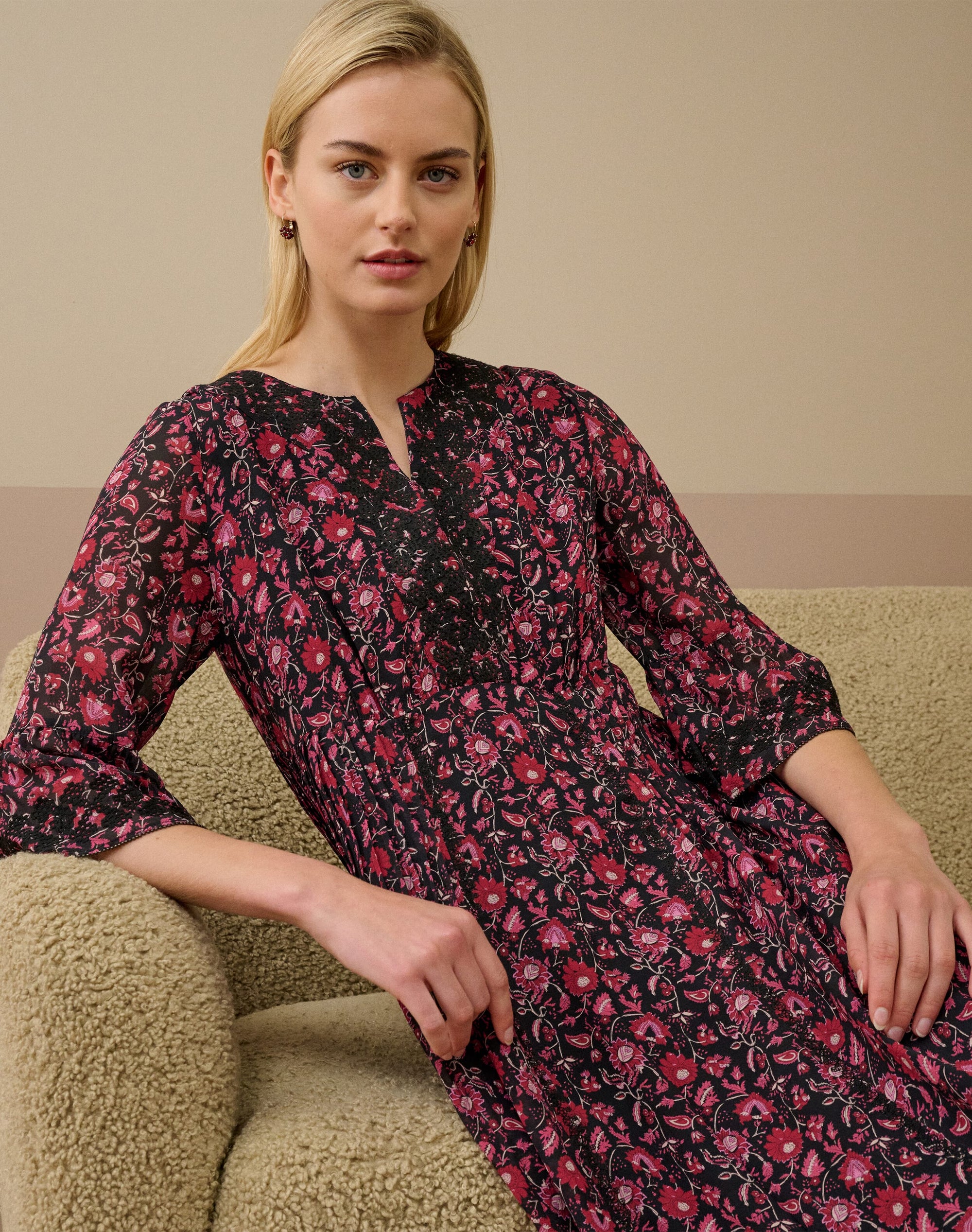 Silk Embroidered Pintuck Dress