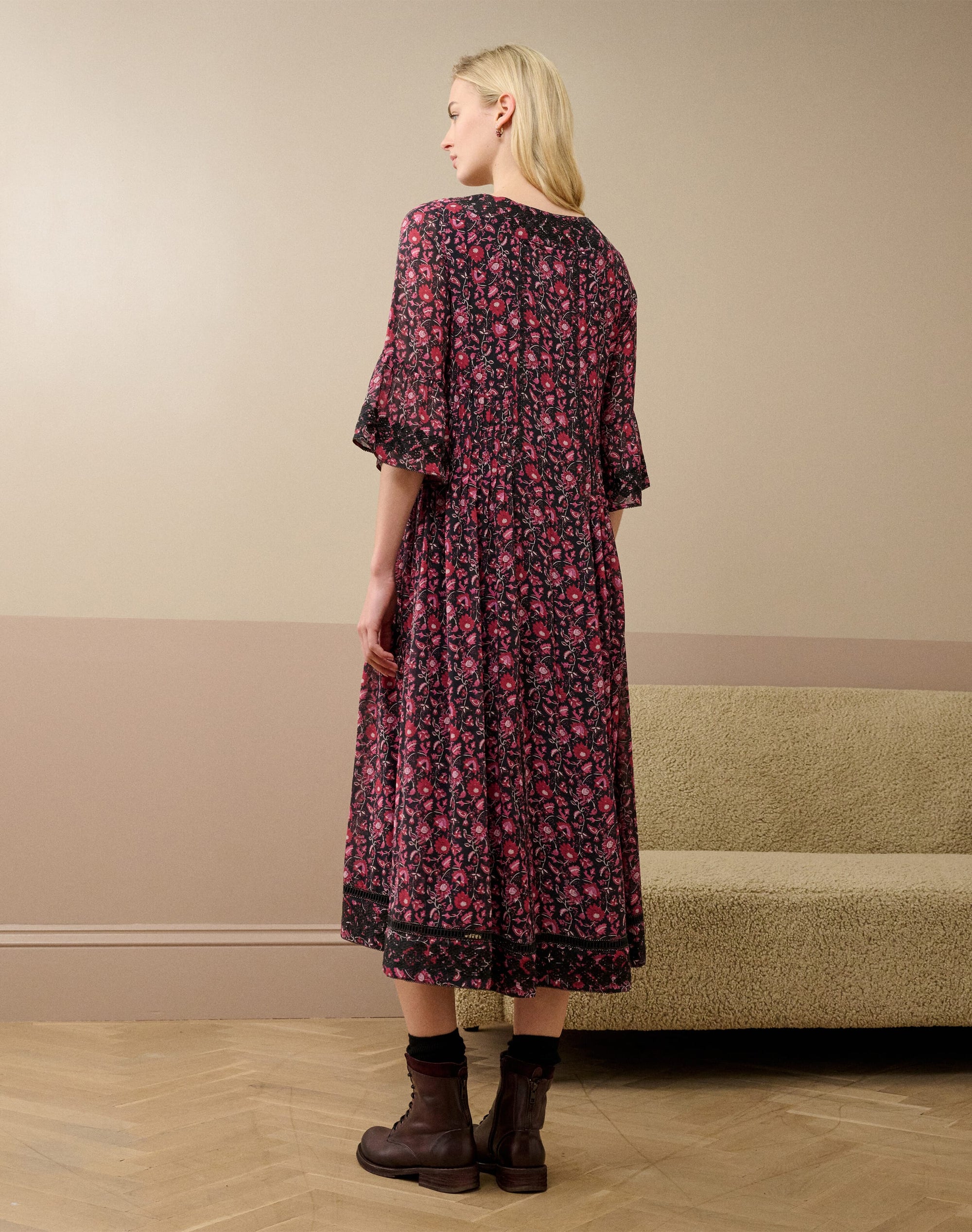 Silk Embroidered Pintuck Dress