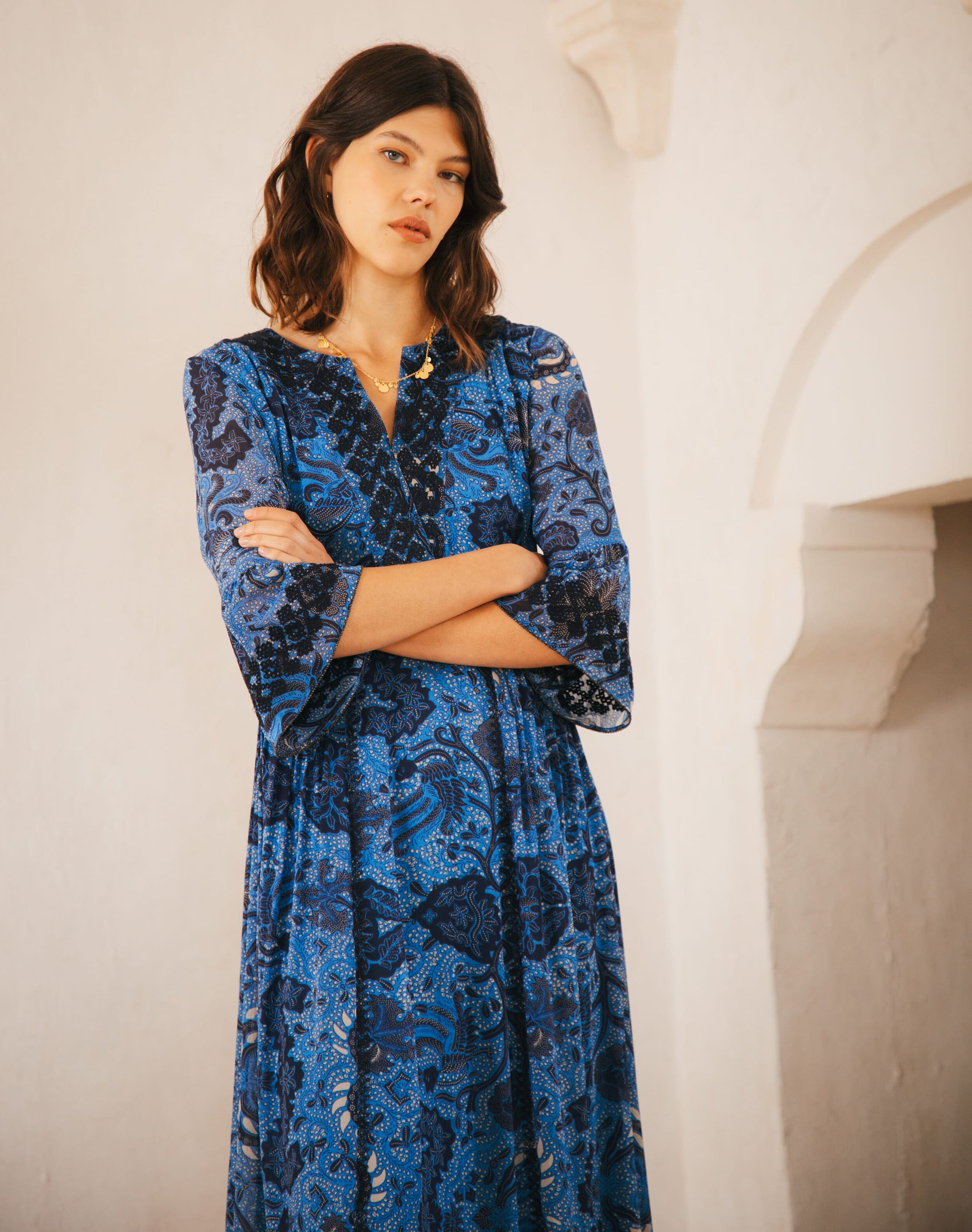 Silk Embroidered Pintuck Dress