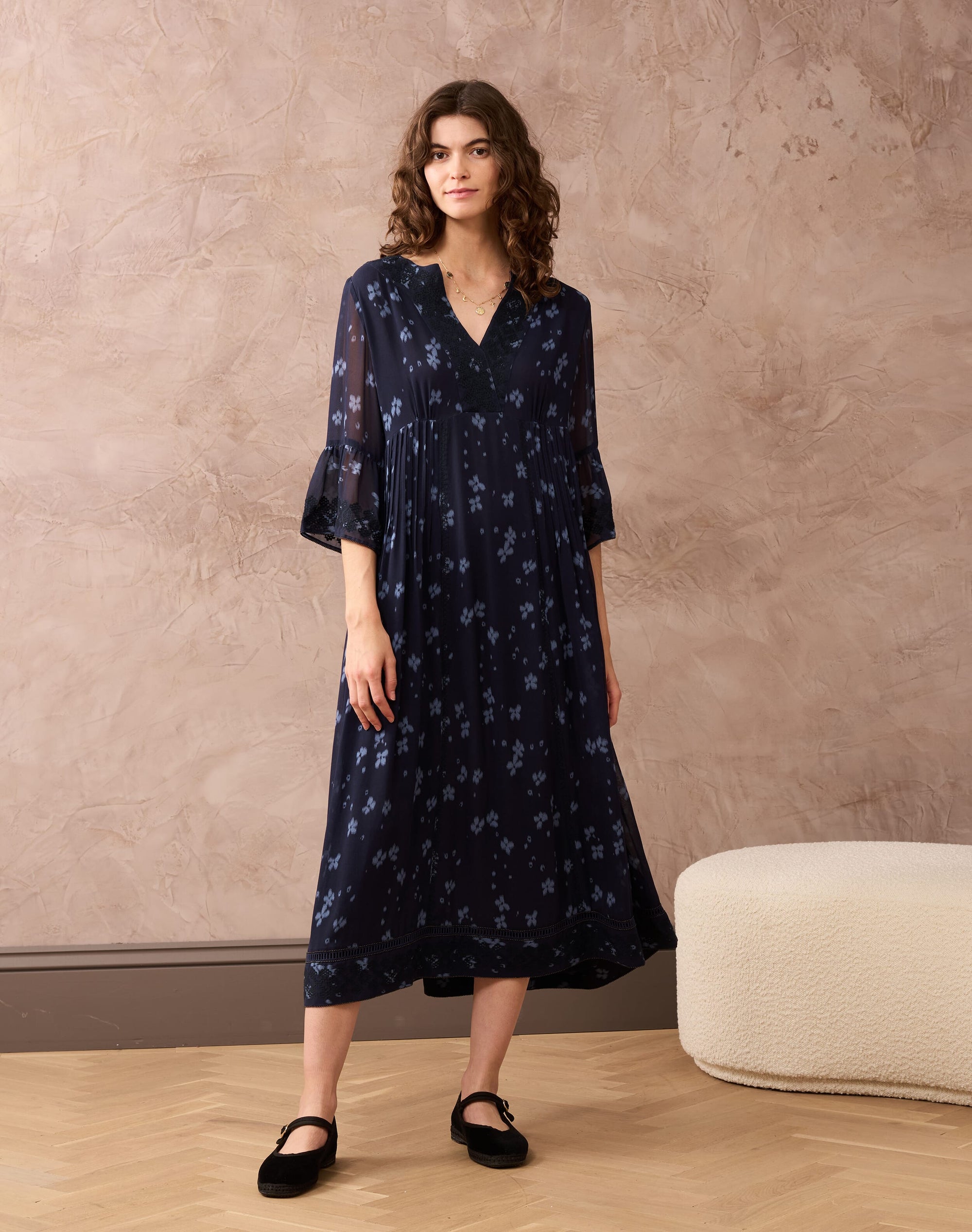 Silk Embroidered Pintuck Dress