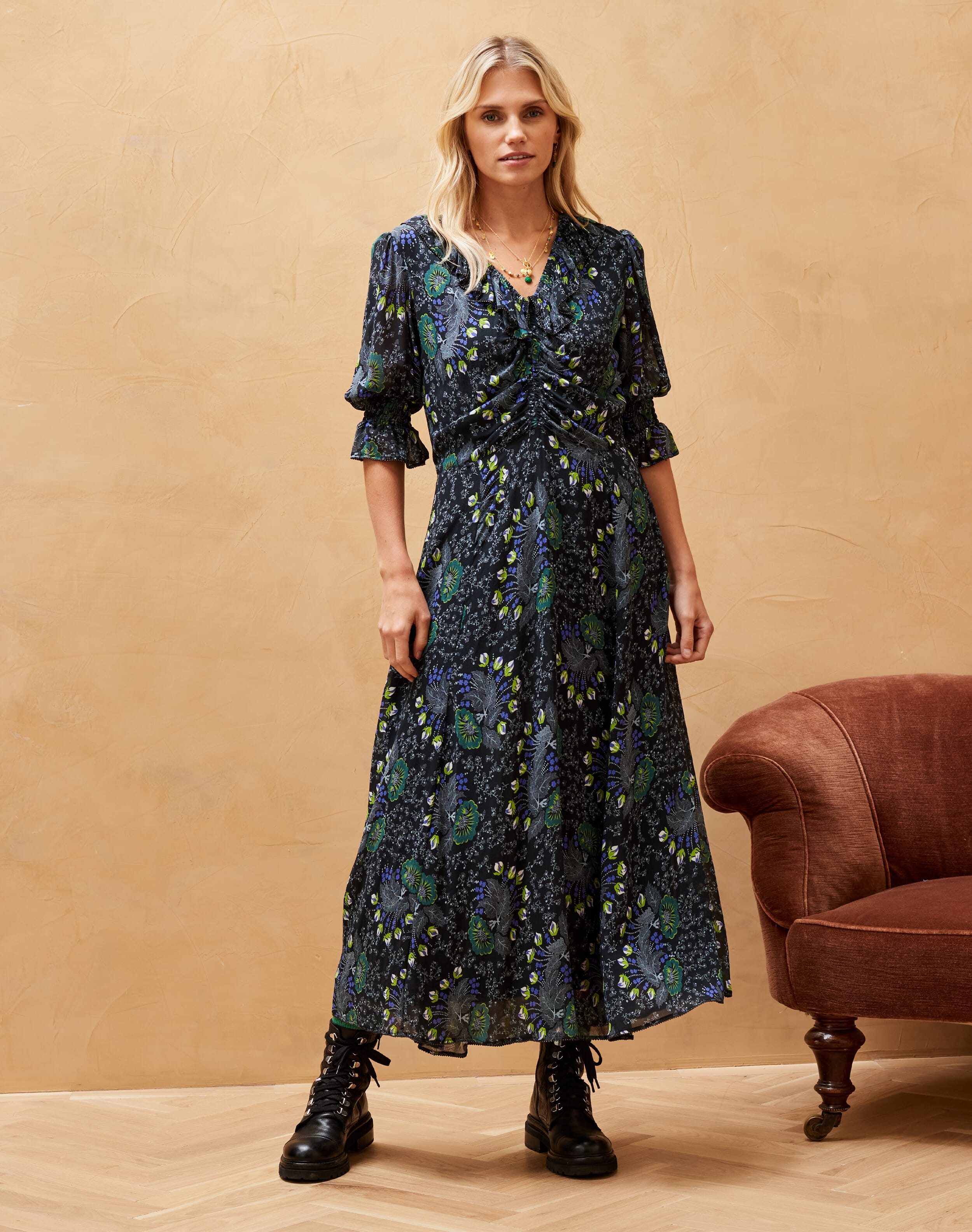 Silk Passion Flower Ruched Dress