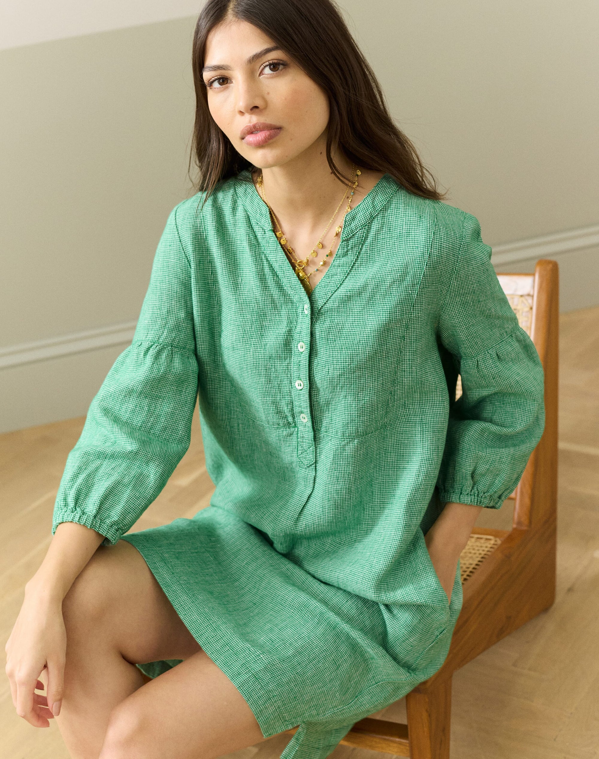Fine Houndstooth Linen Tunic Dress