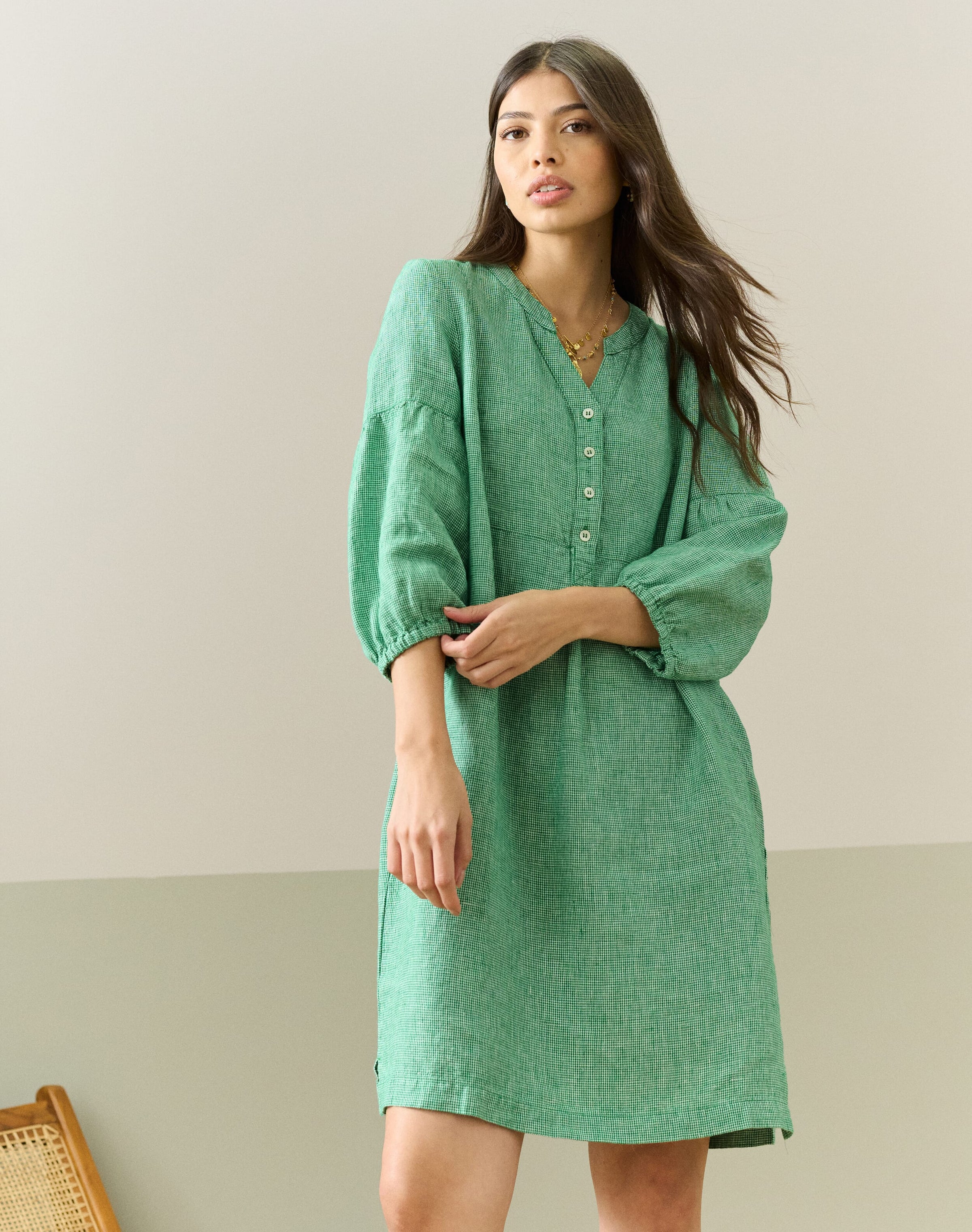 Fine Houndstooth Linen Tunic Dress