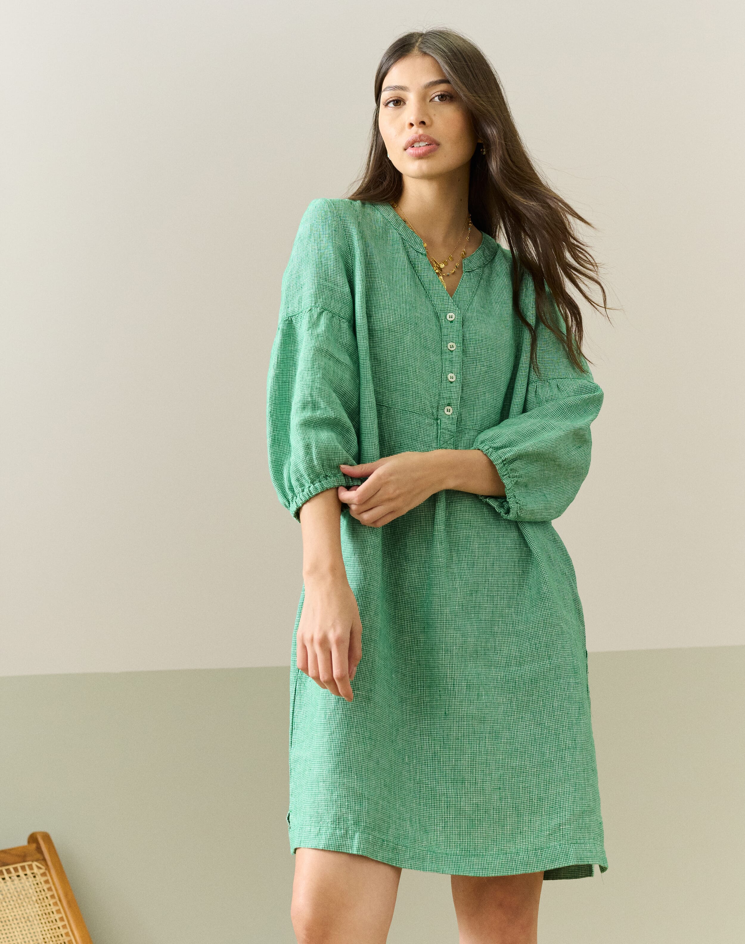 Fine Houndstooth Linen Tunic Dress