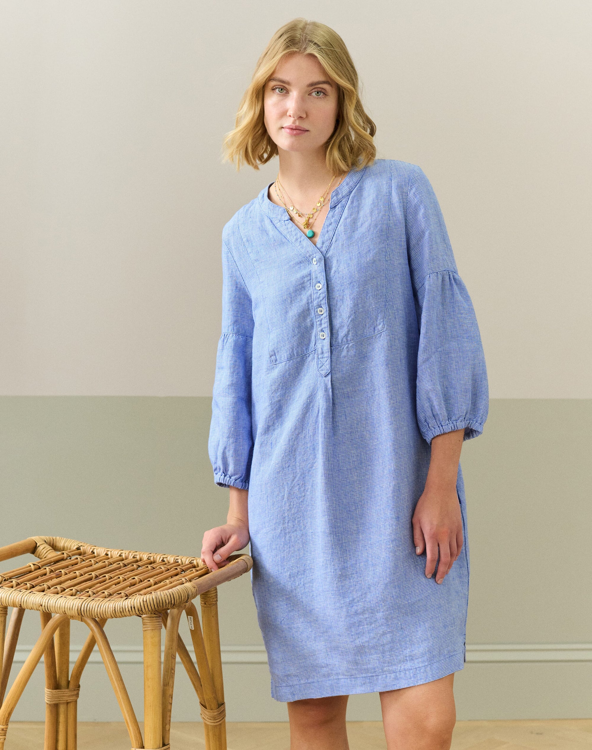 Fine Houndstooth Linen Tunic Dress