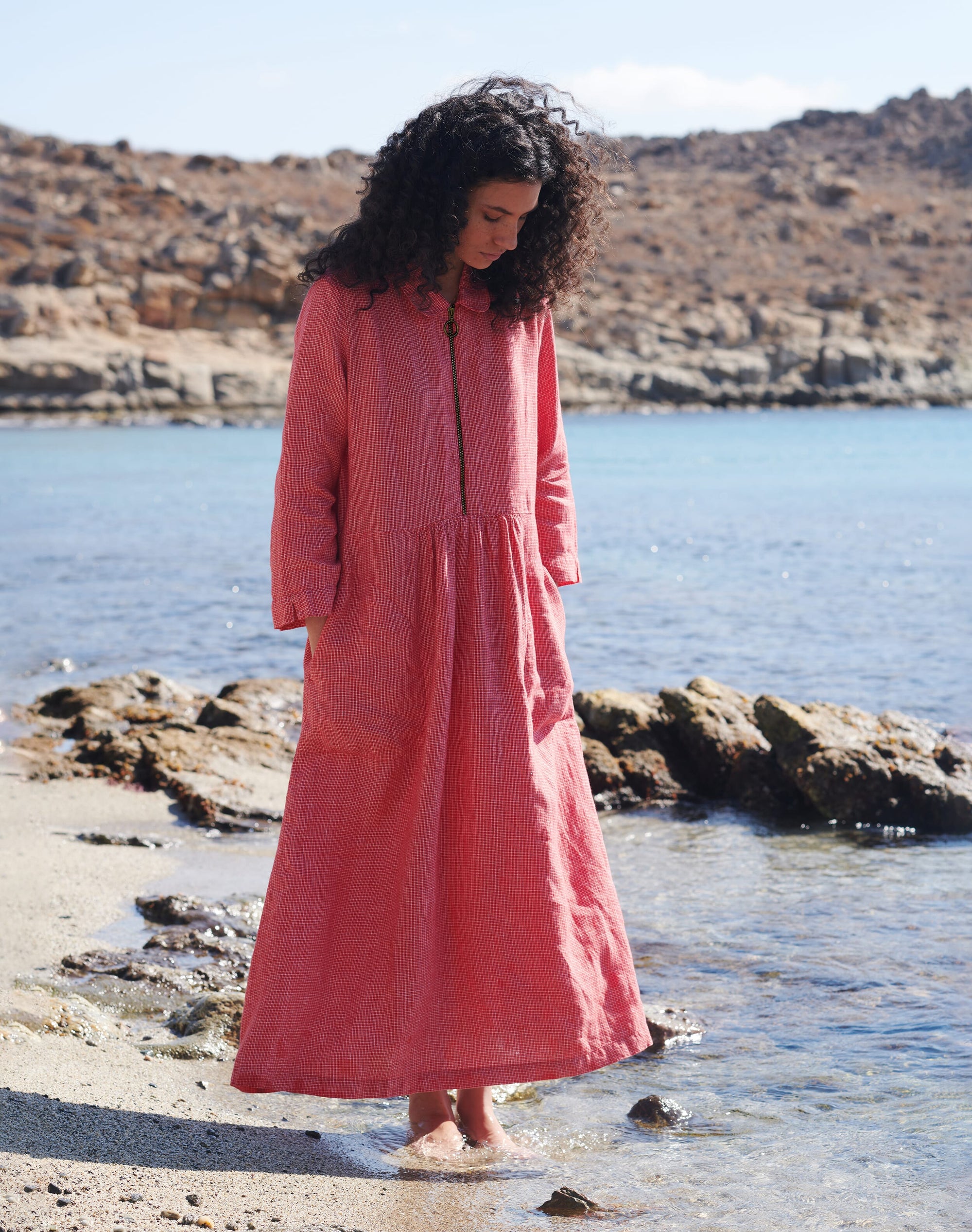Graphic Check Linen Zip Dress