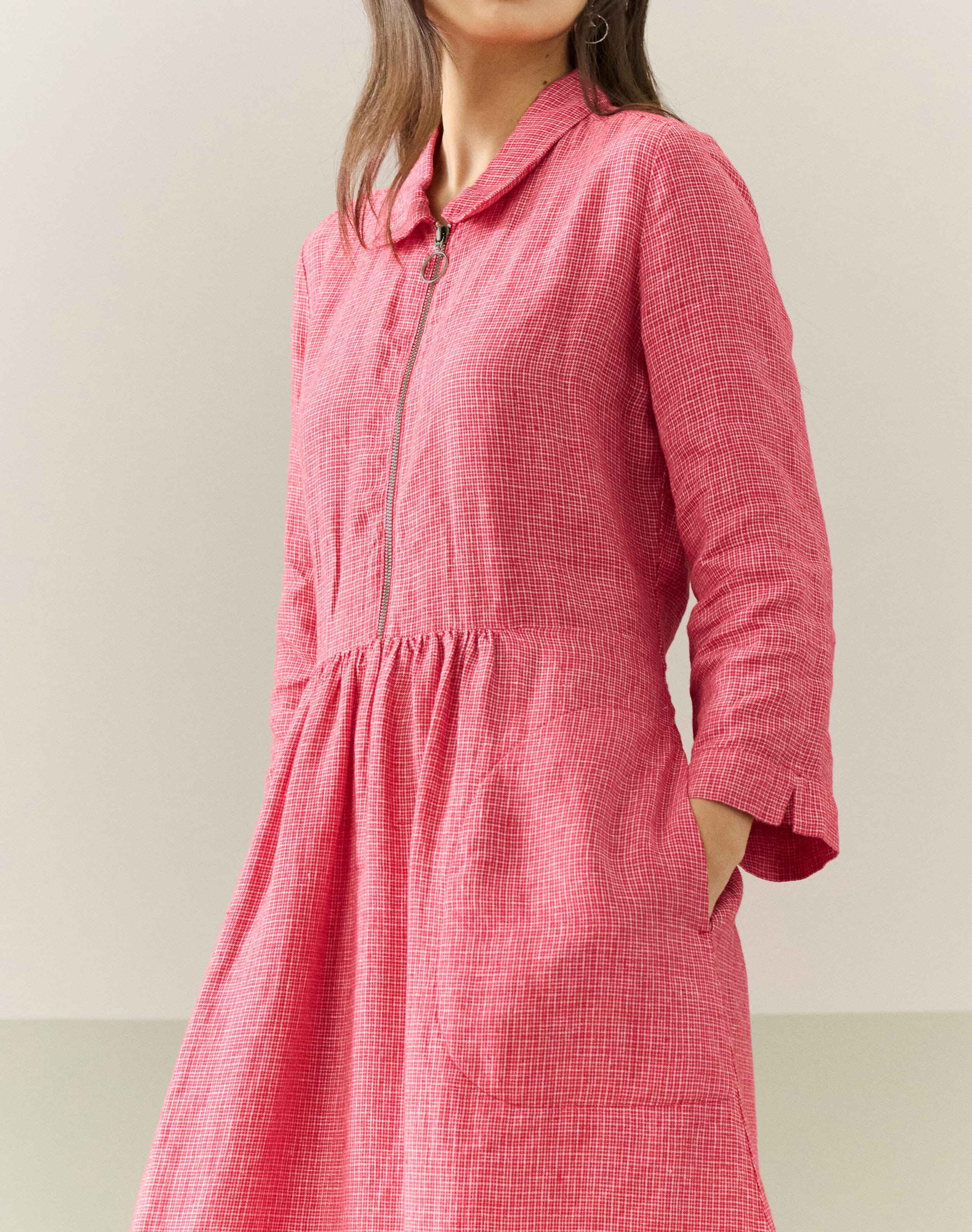 Graphic Check Linen Zip Dress
