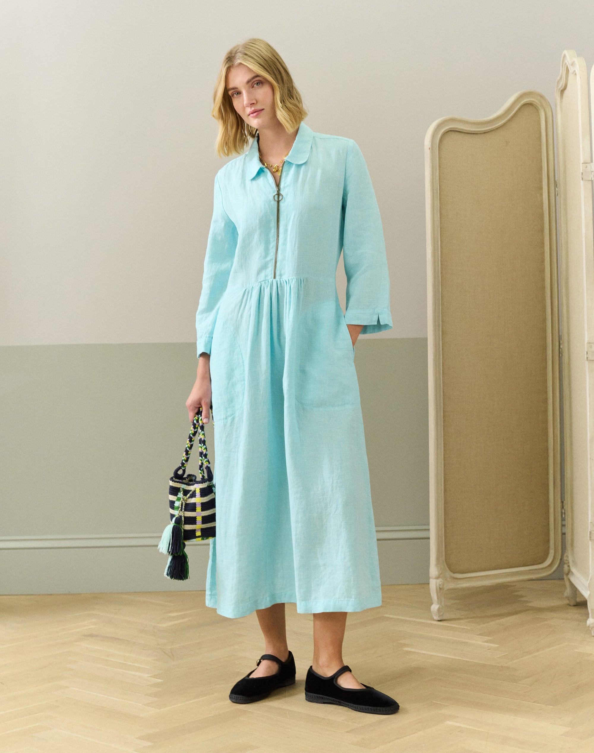 Graphic Check Linen Zip Dress