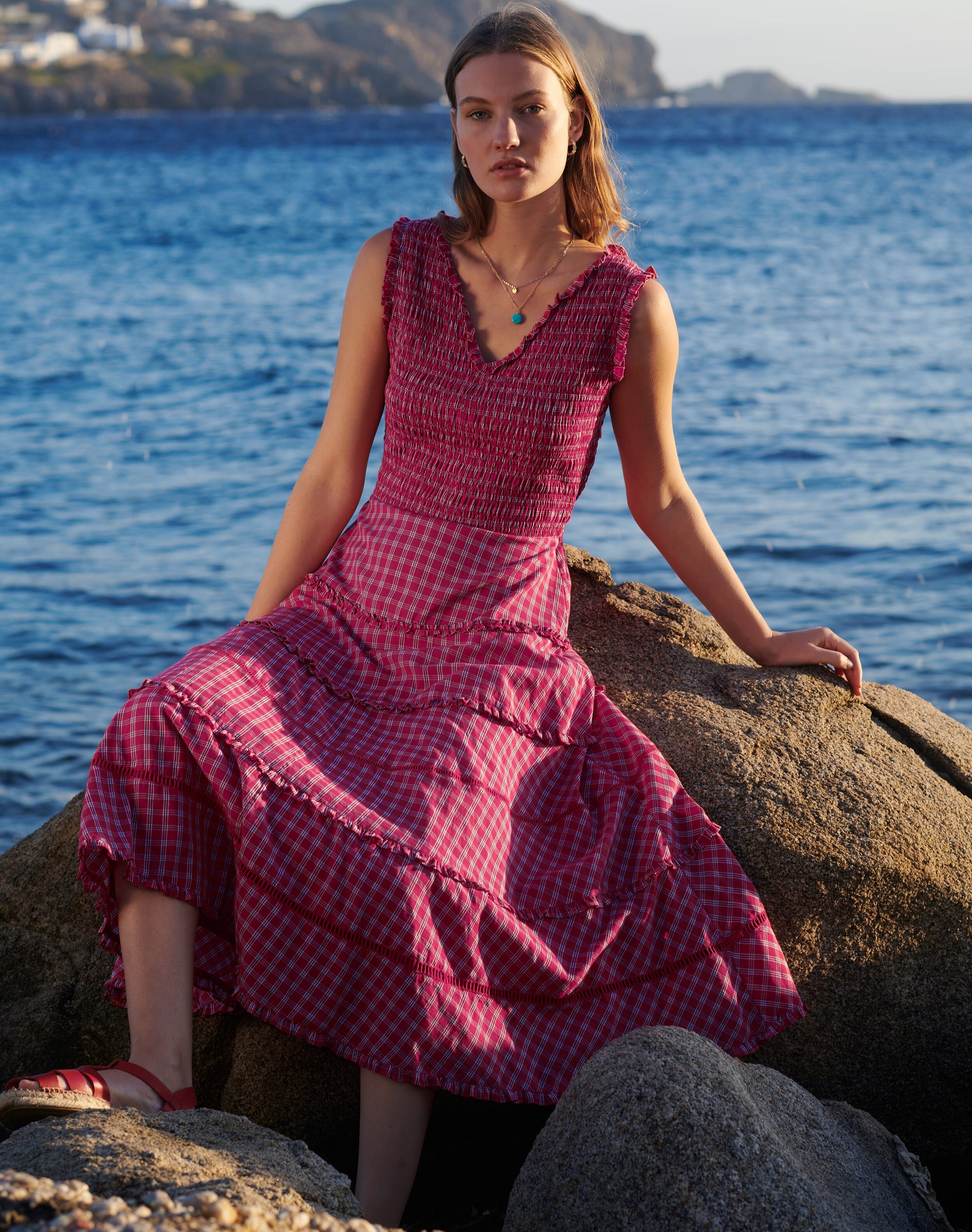 Cotton Check Shirred Sundress