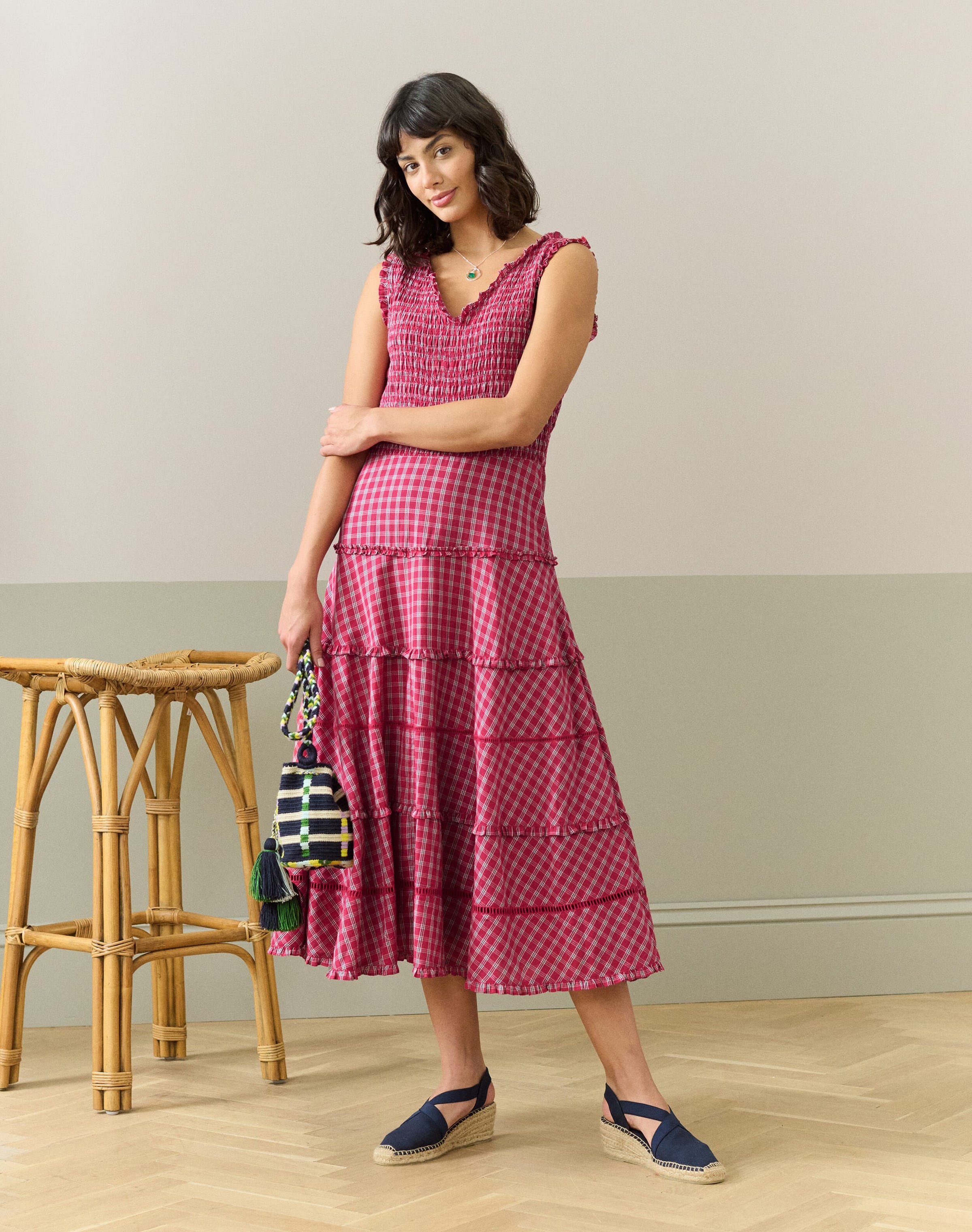 Cotton Check Shirred Sundress