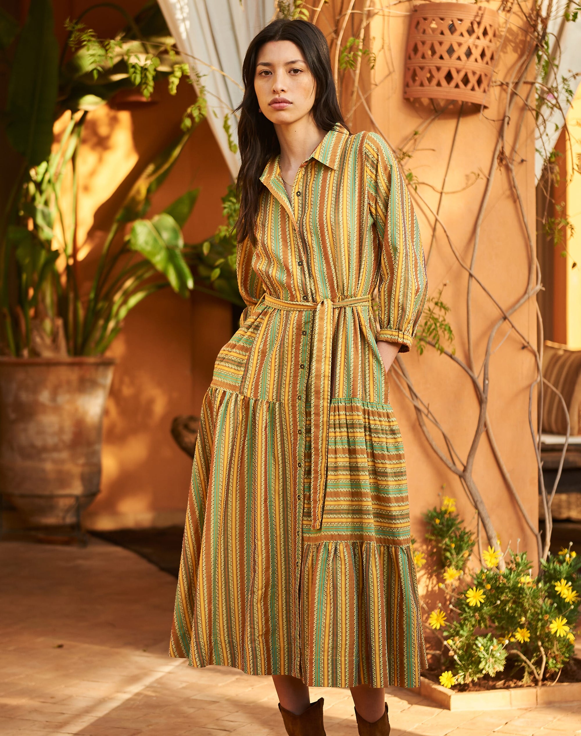Cotton Textured Stripe Shirt Dress