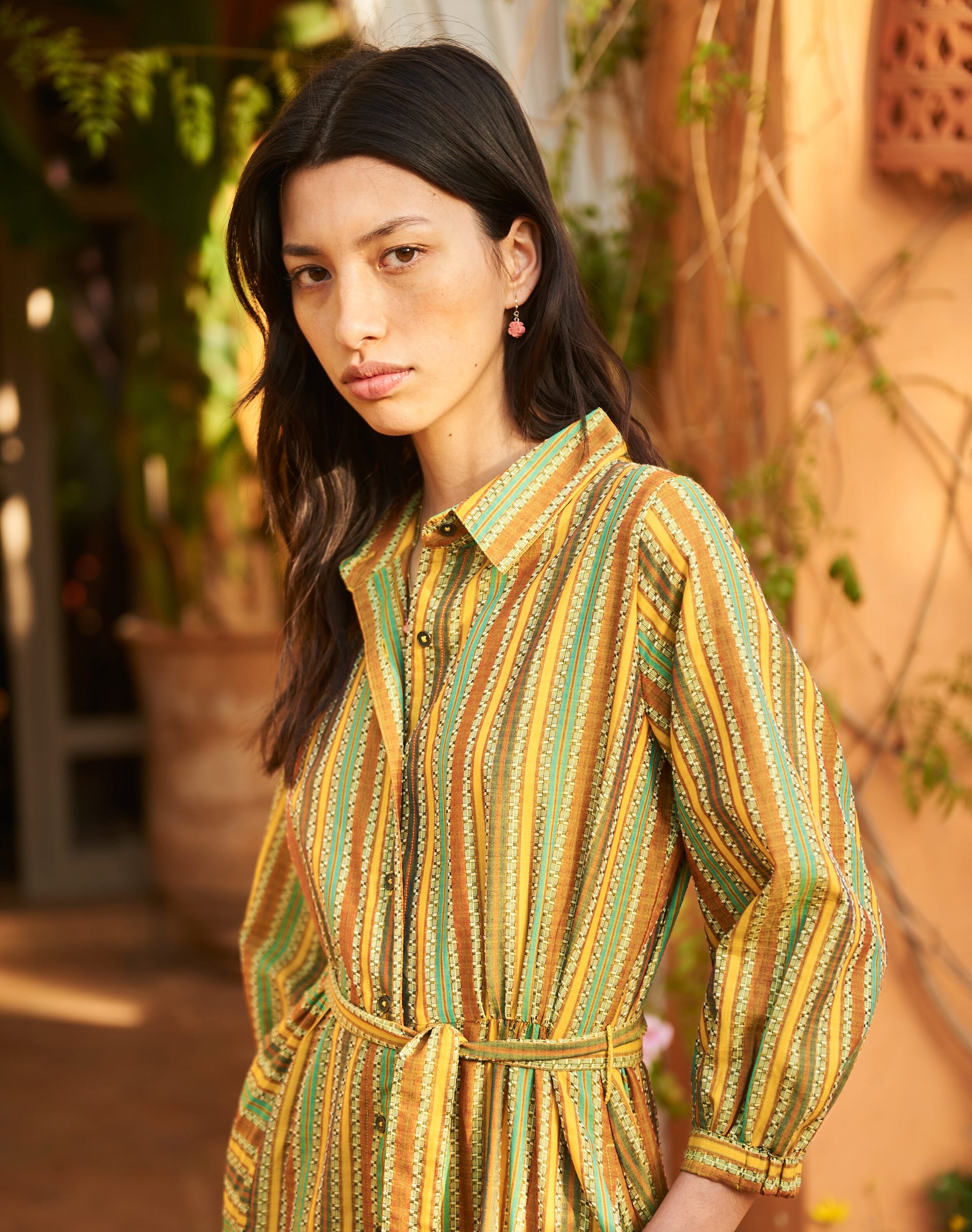 Cotton Textured Stripe Shirt Dress