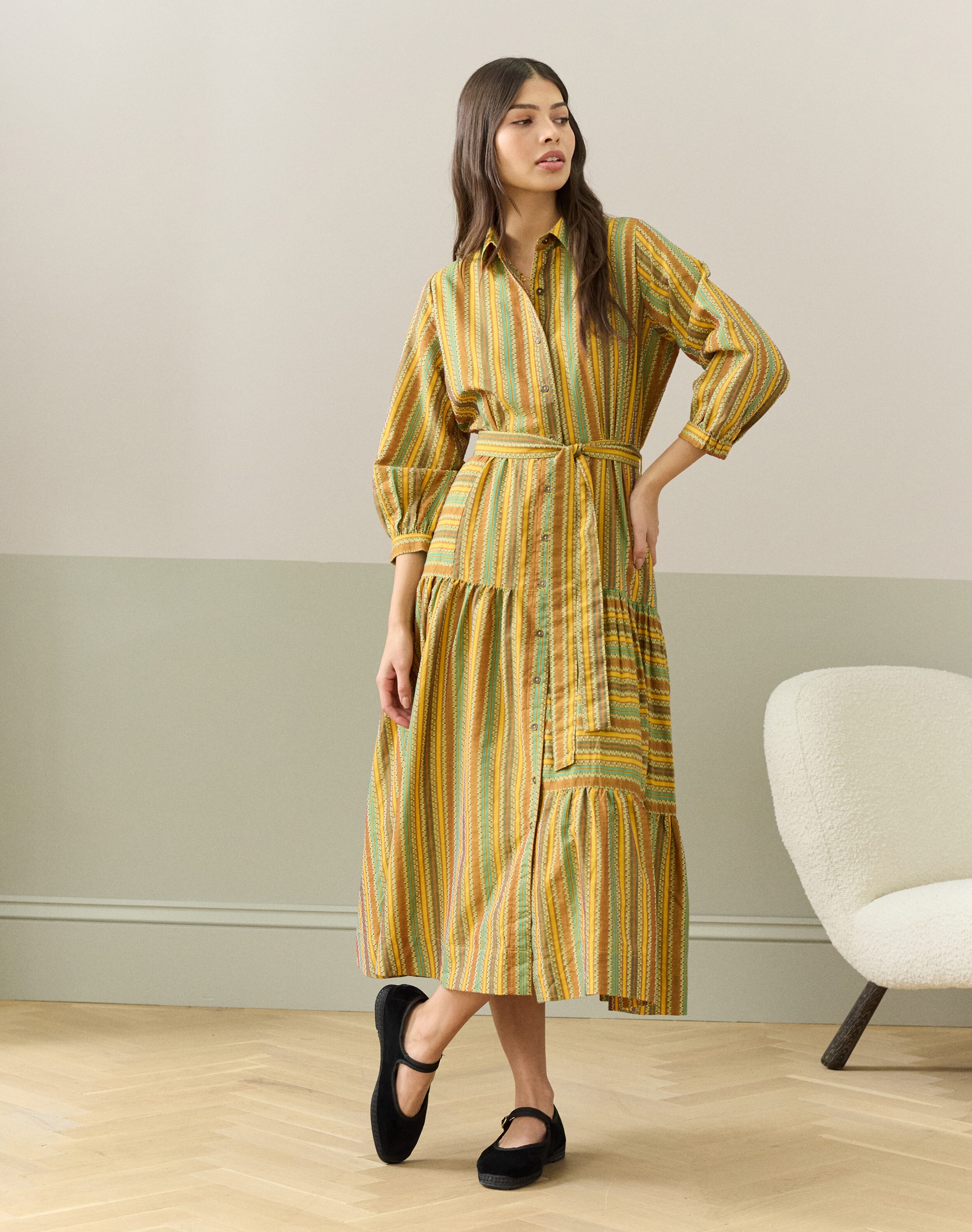 Cotton Textured Stripe Shirt Dress