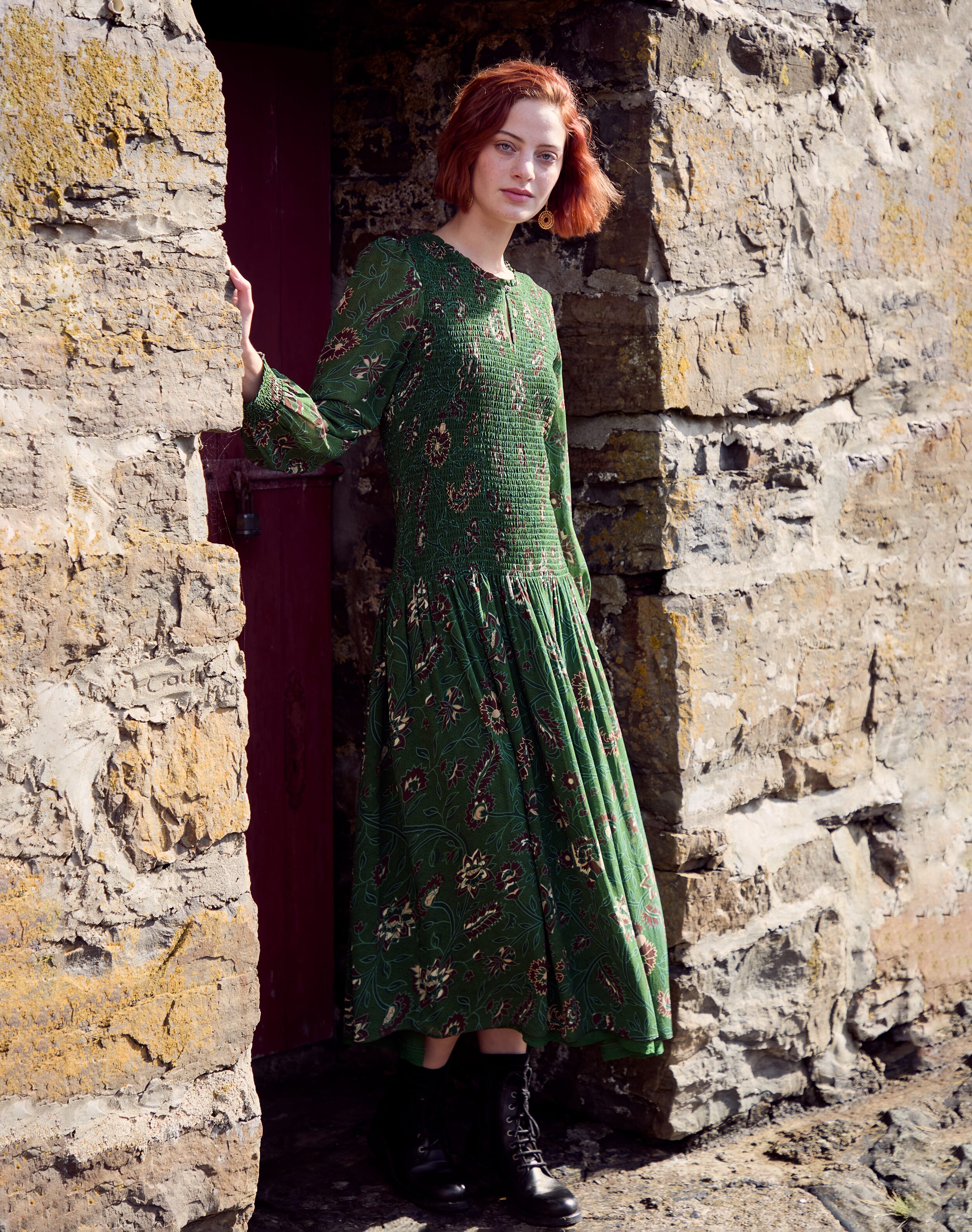 Silk Botanical Print Shirred Dress