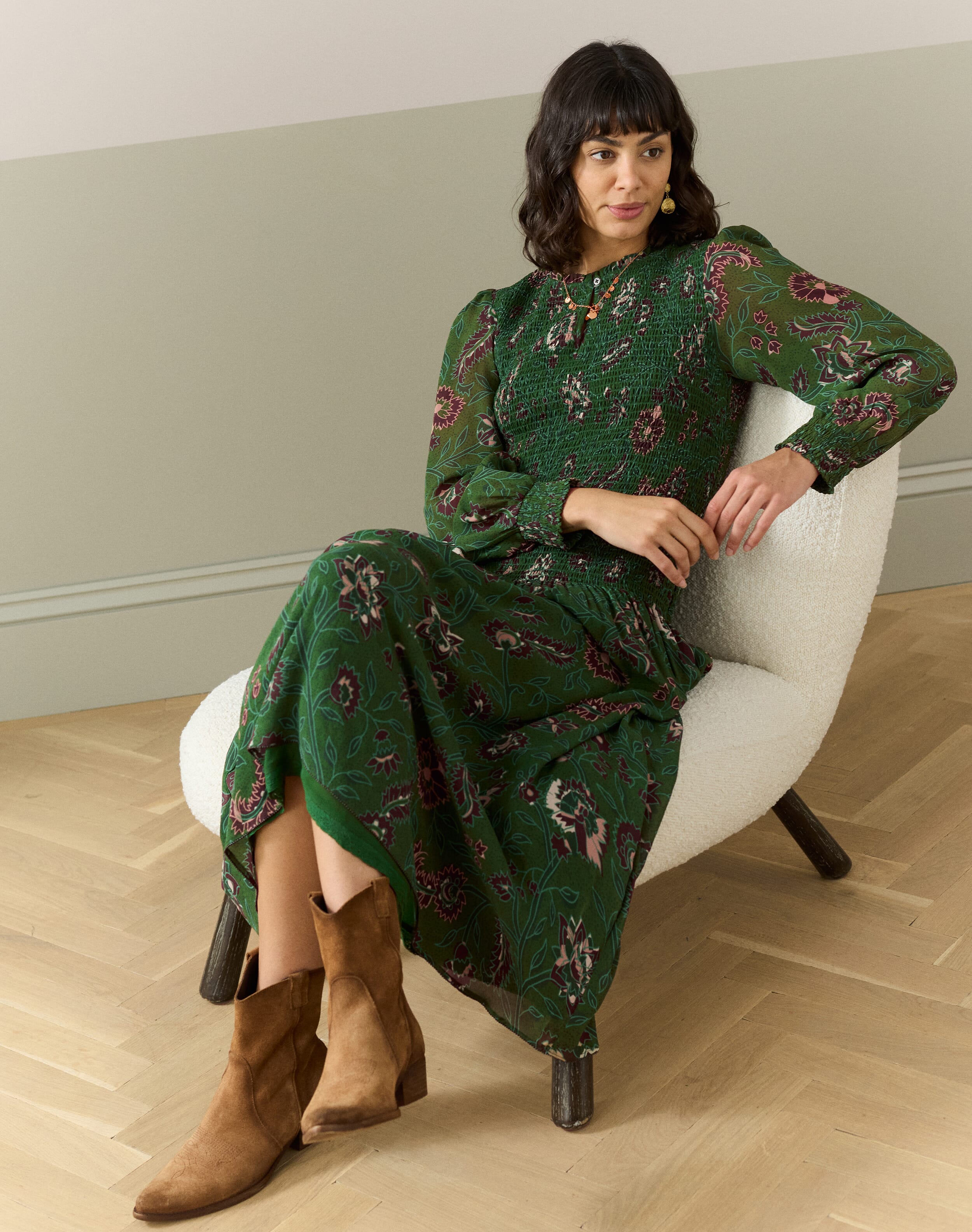 Silk Botanical Print Shirred Dress