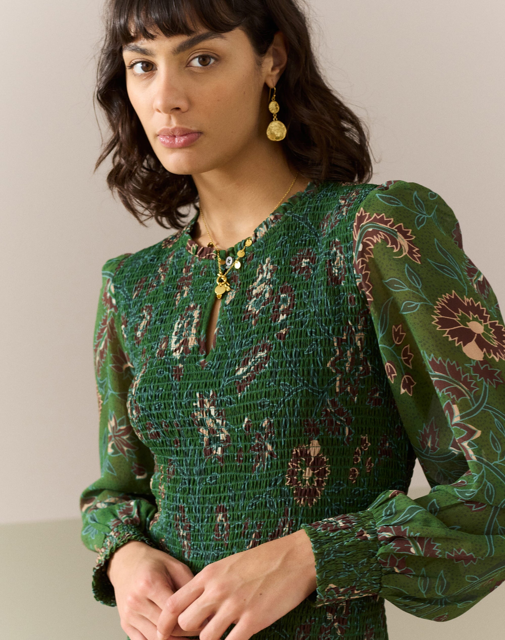 Silk Botanical Print Shirred Dress
