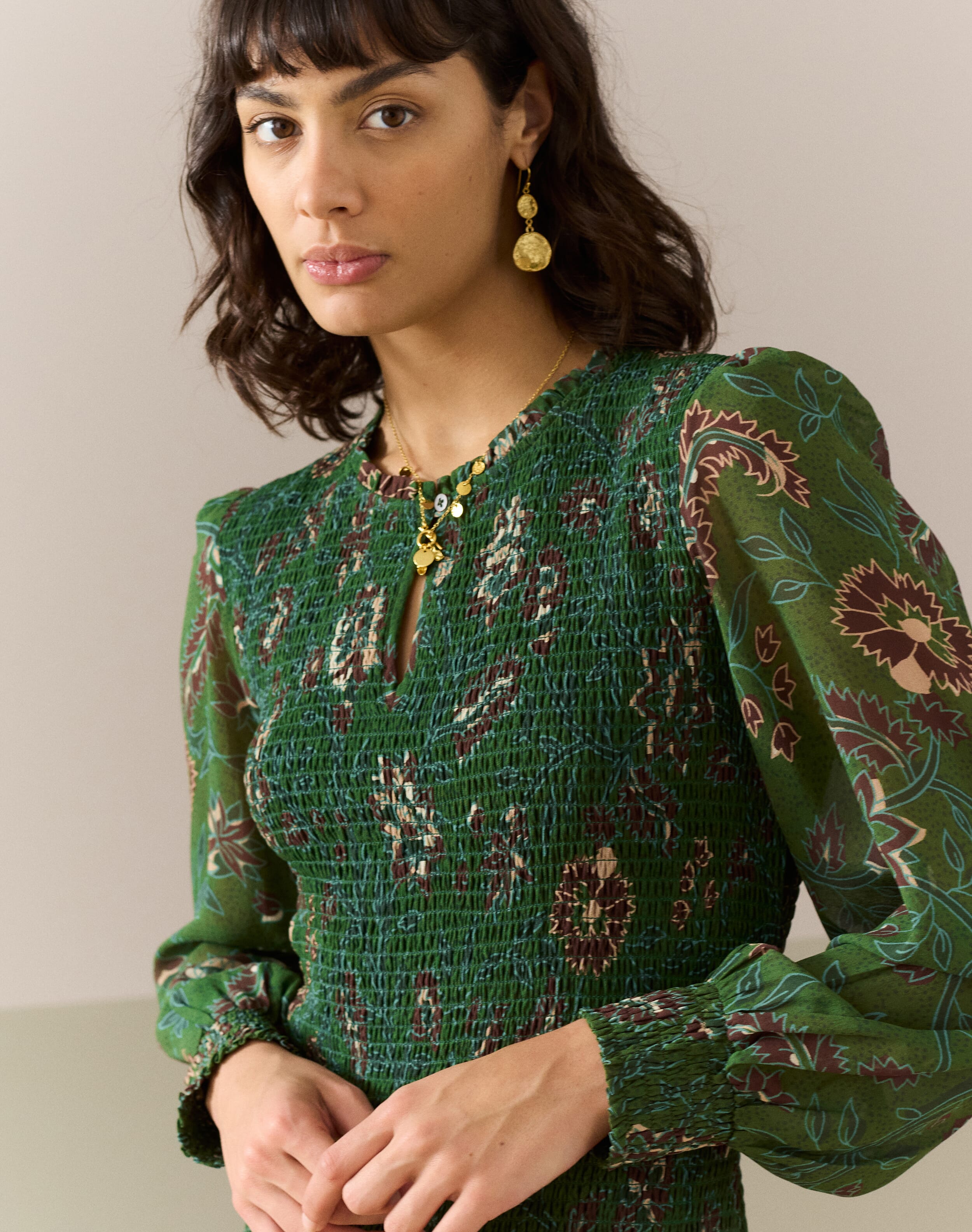 Silk Botanical Print Shirred Dress