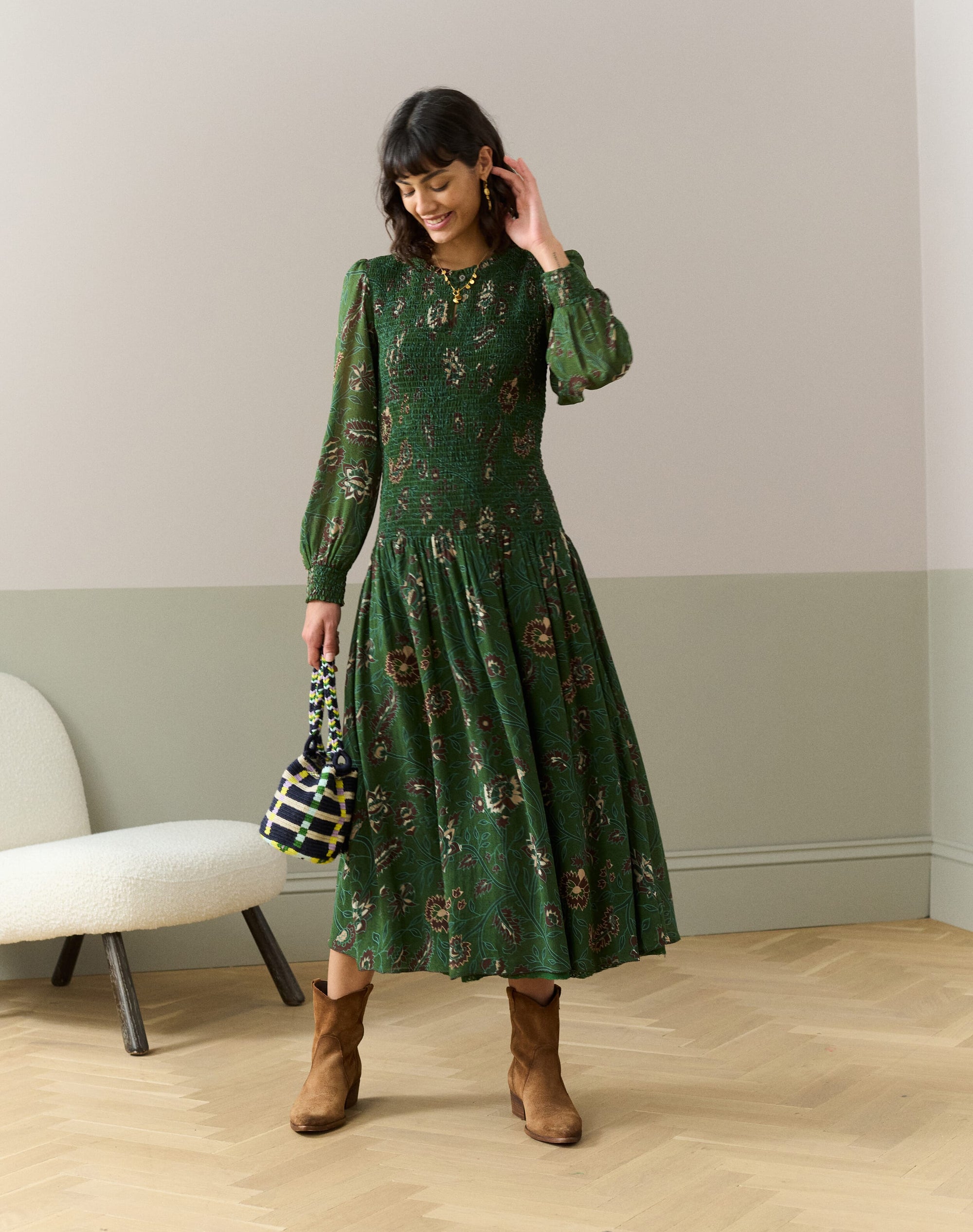 Silk Botanical Print Shirred Dress