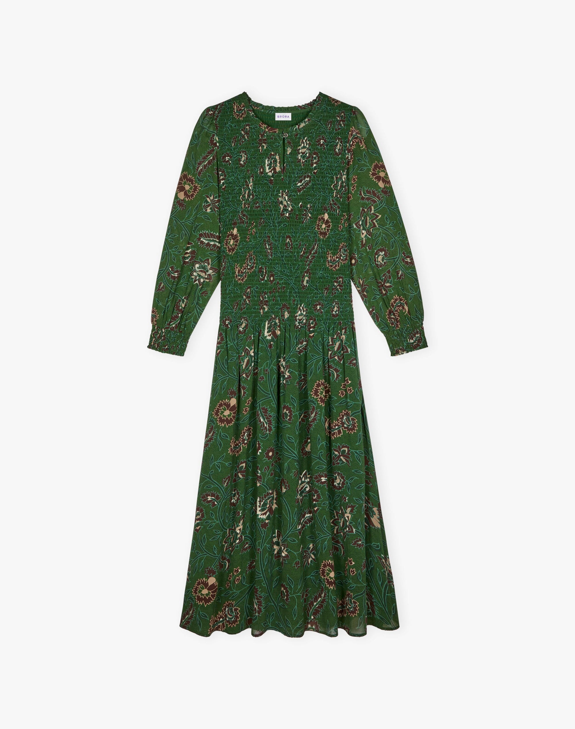 Silk Botanical Print Shirred Dress