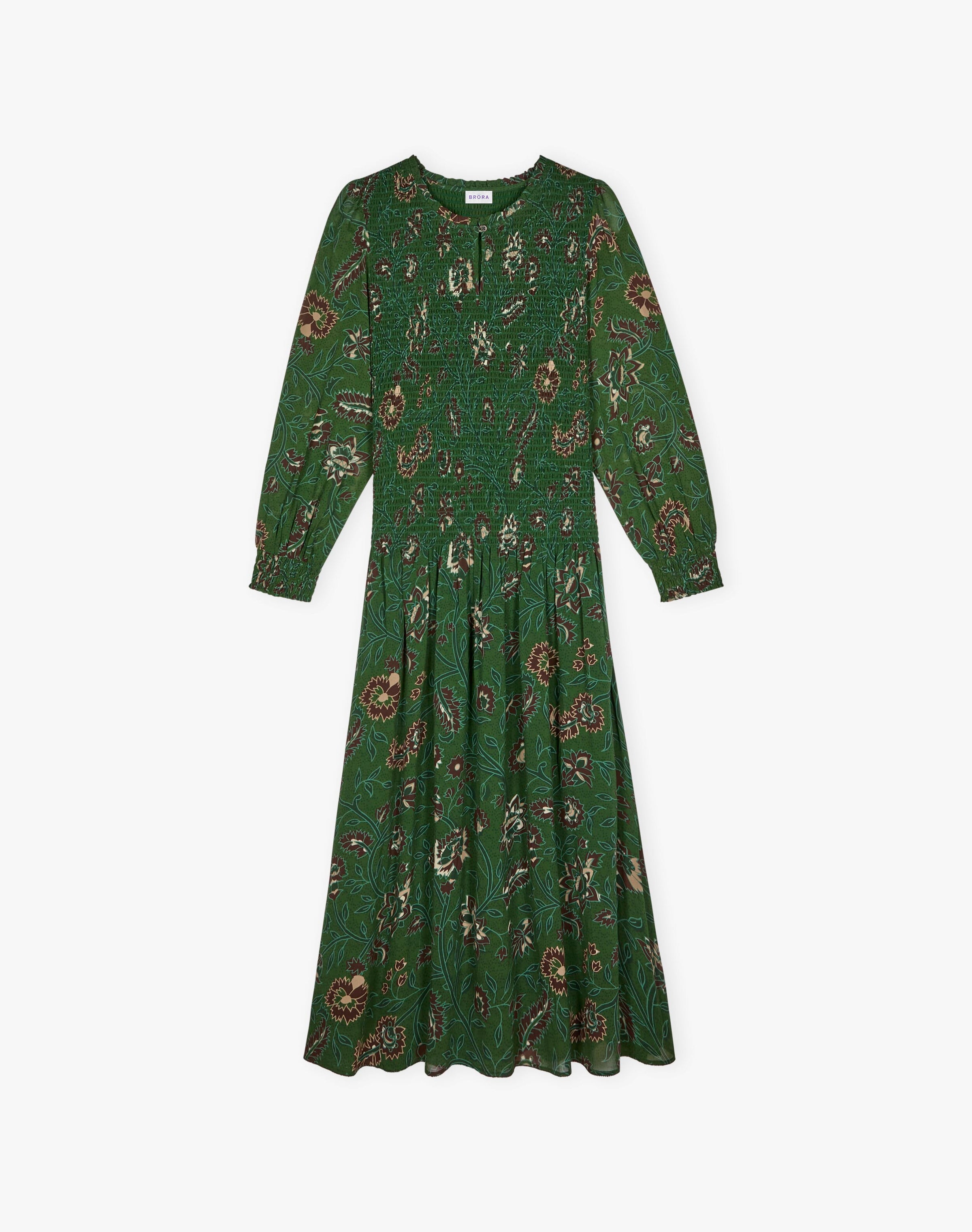 Silk Botanical Print Shirred Dress