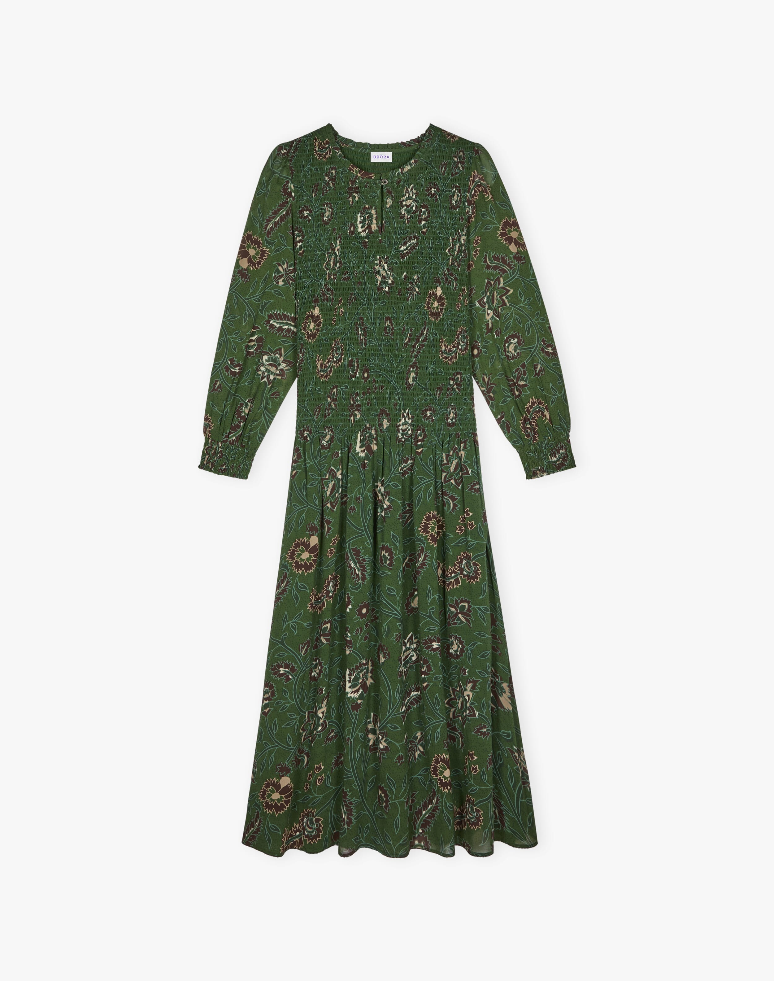 Silk Botanical Print Shirred Dress