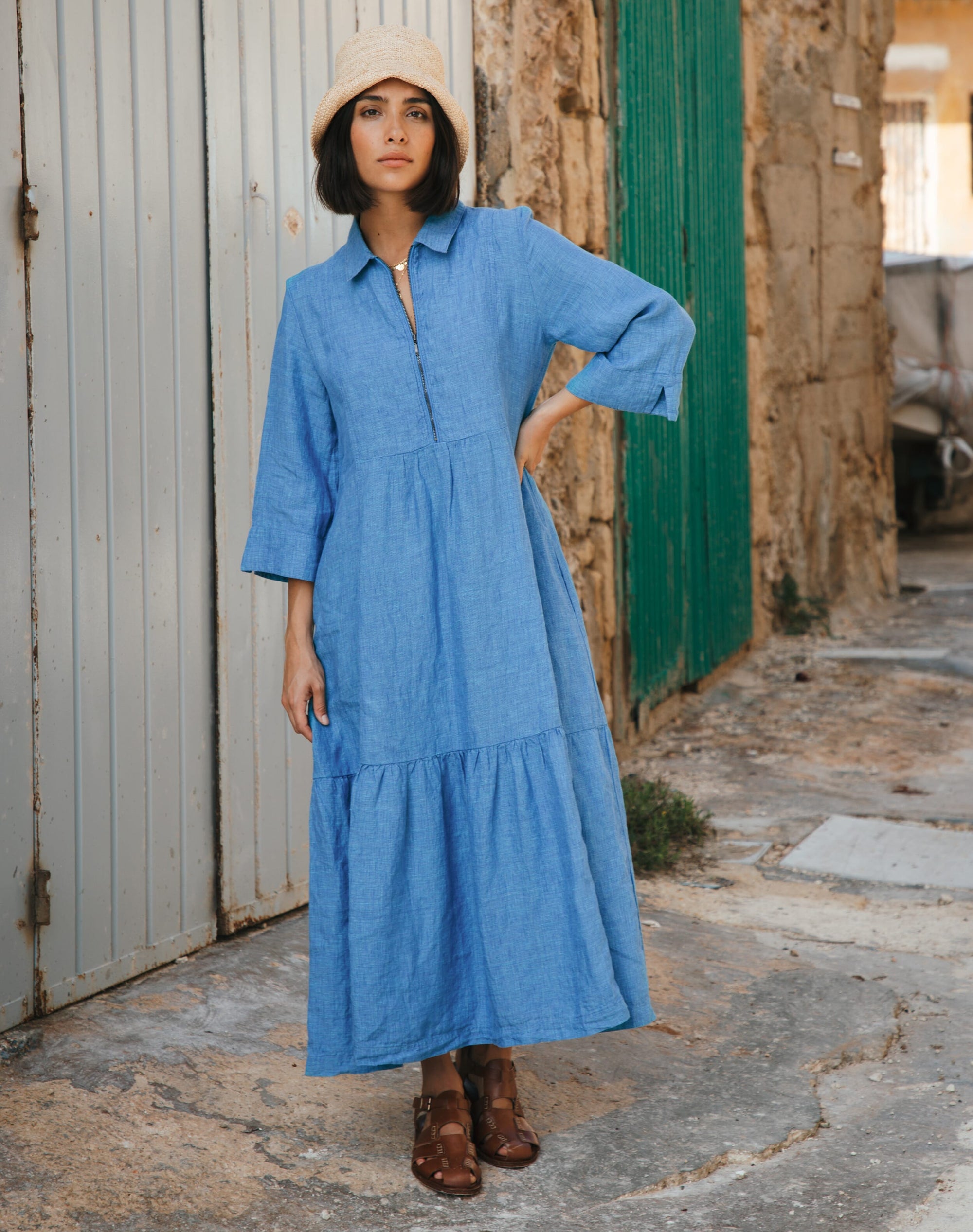 Textured Weave Linen Shirt Dress