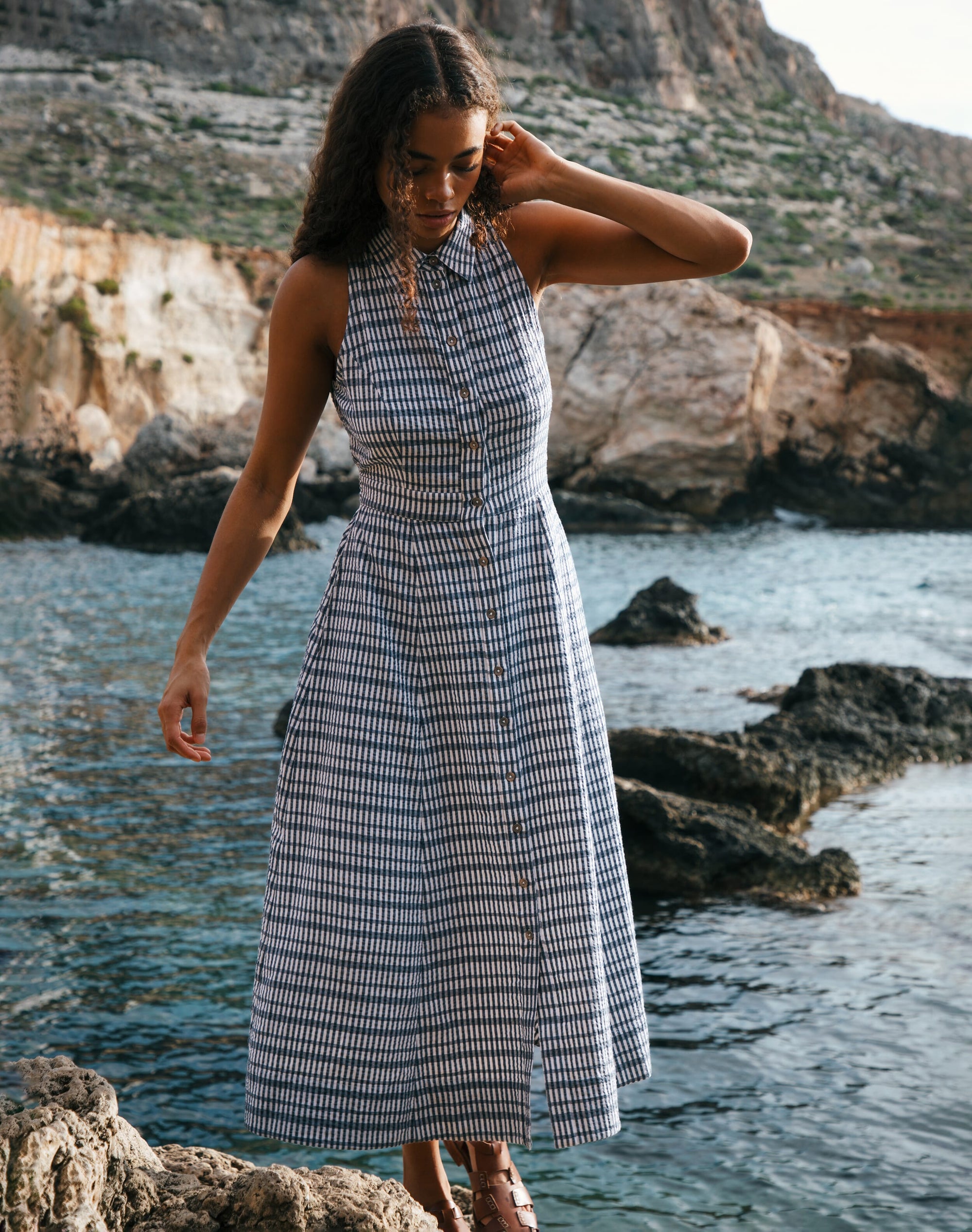 Cotton Seersucker Gingham Shirt Dress