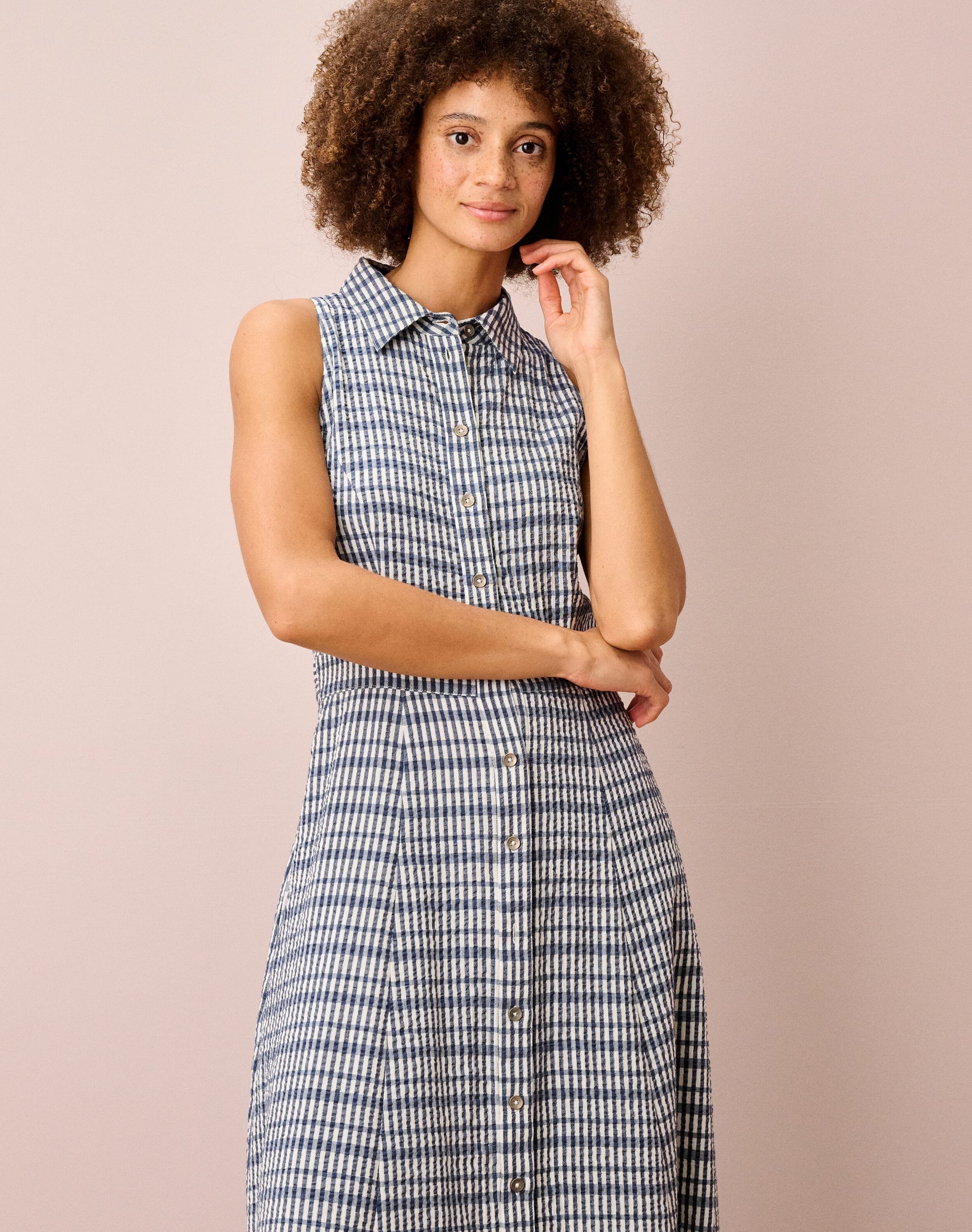 Cotton Seersucker Gingham Shirt Dress
