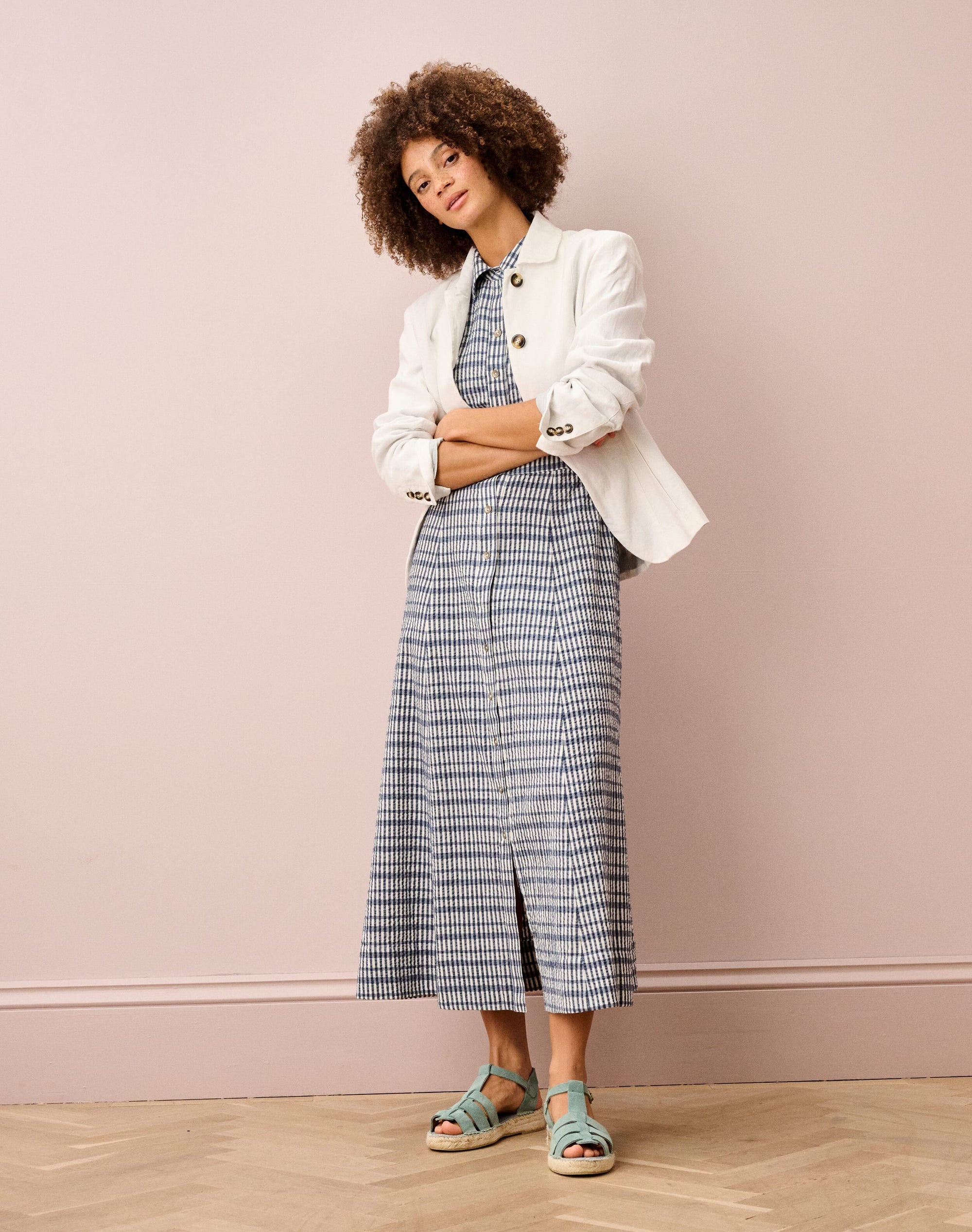 Cotton Seersucker Gingham Shirt Dress