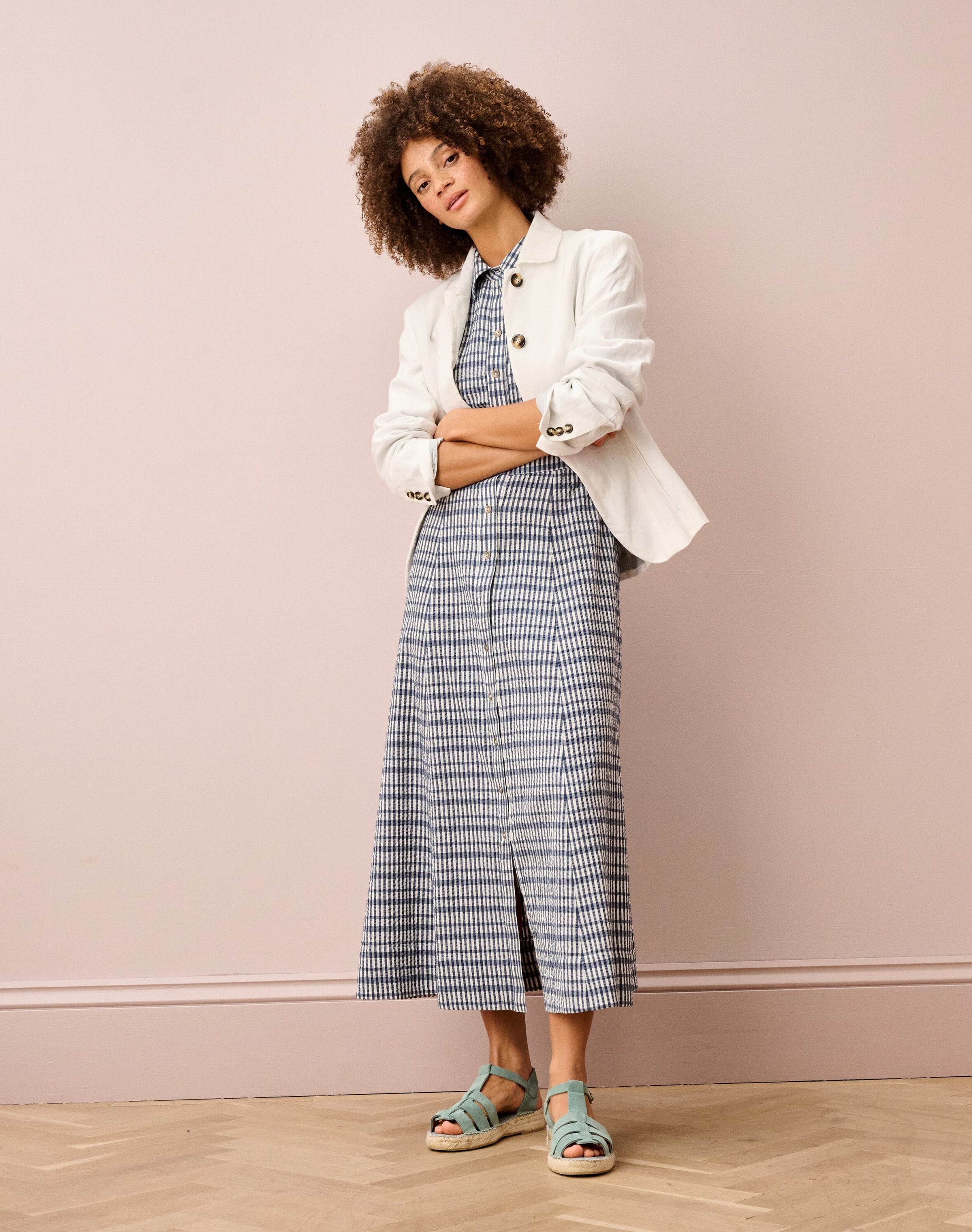 Cotton Seersucker Gingham Shirt Dress