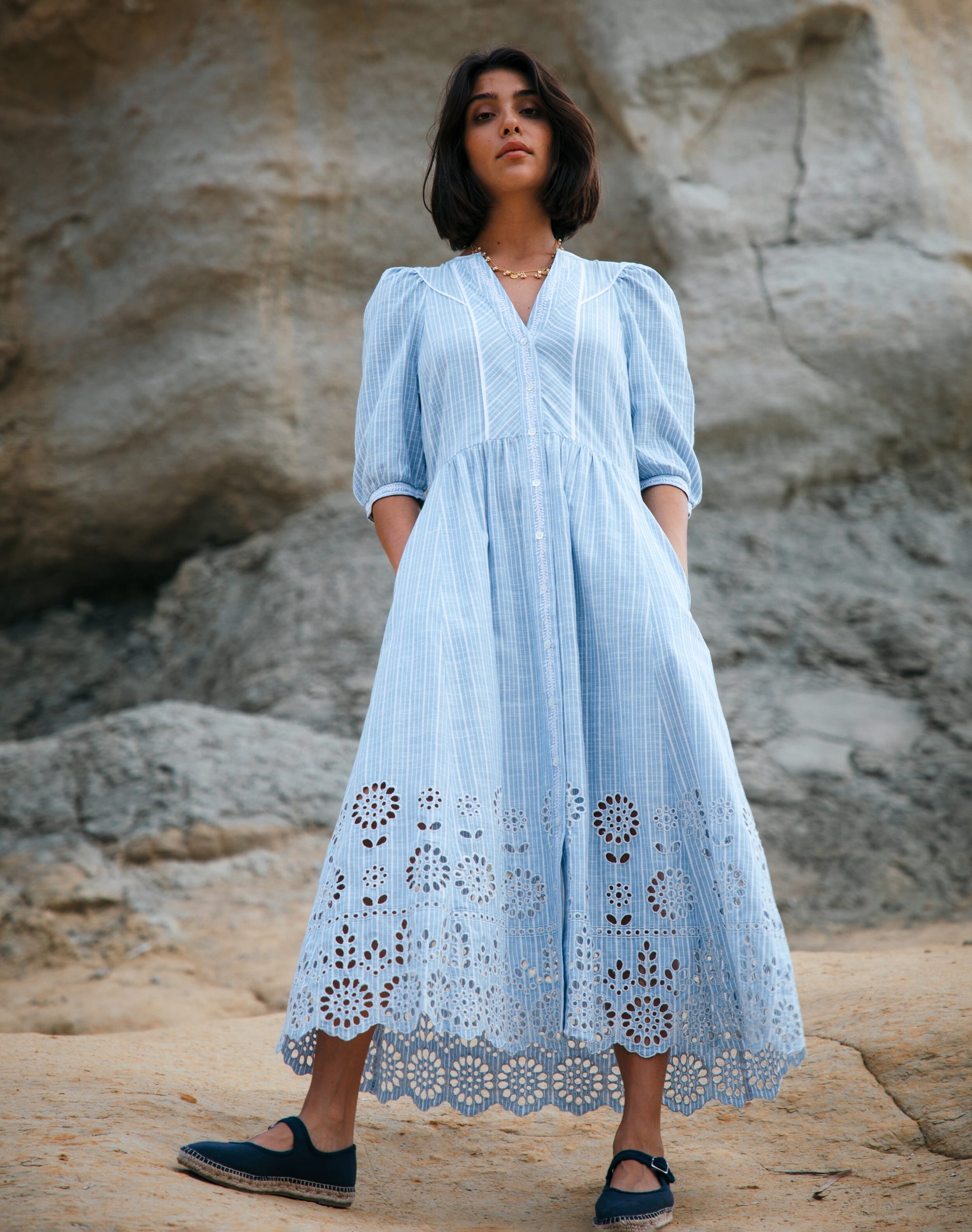 Cotton Stripe Embroidered Dress