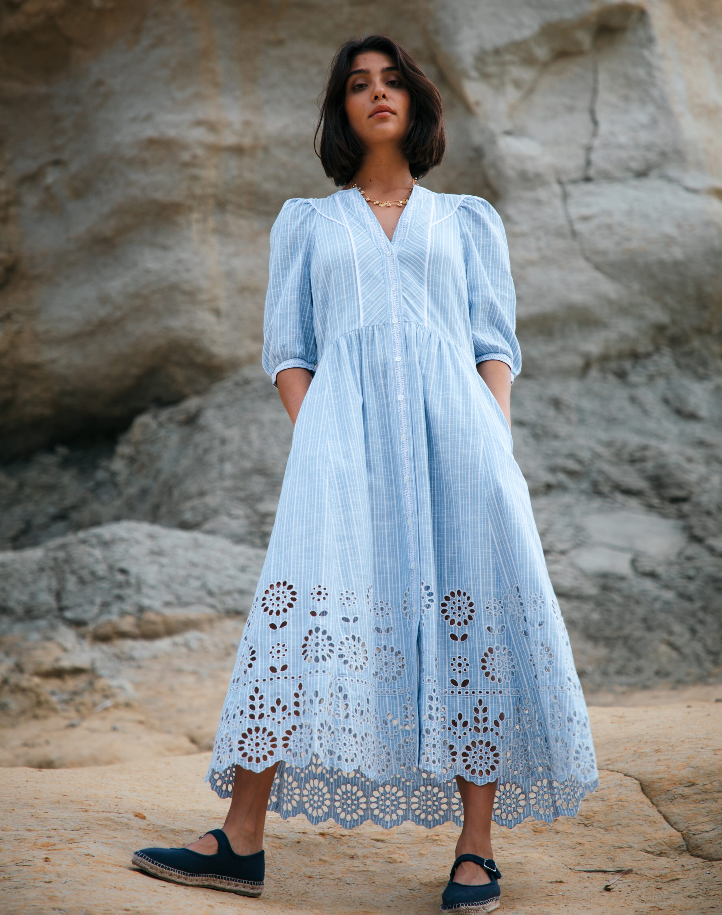 Cotton Stripe Embroidered Dress