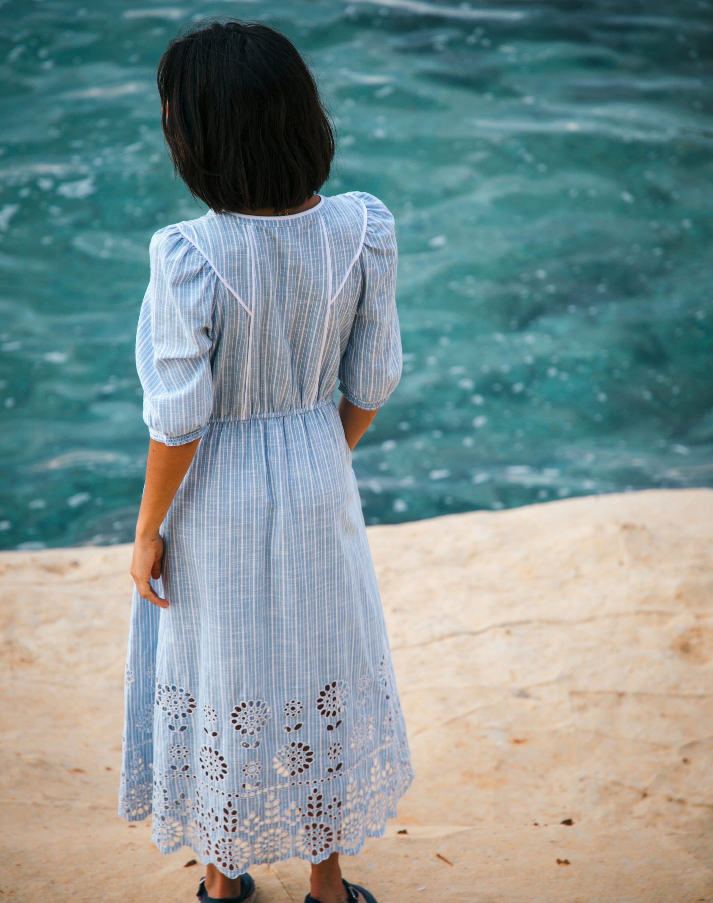 Cotton Stripe Embroidered Dress