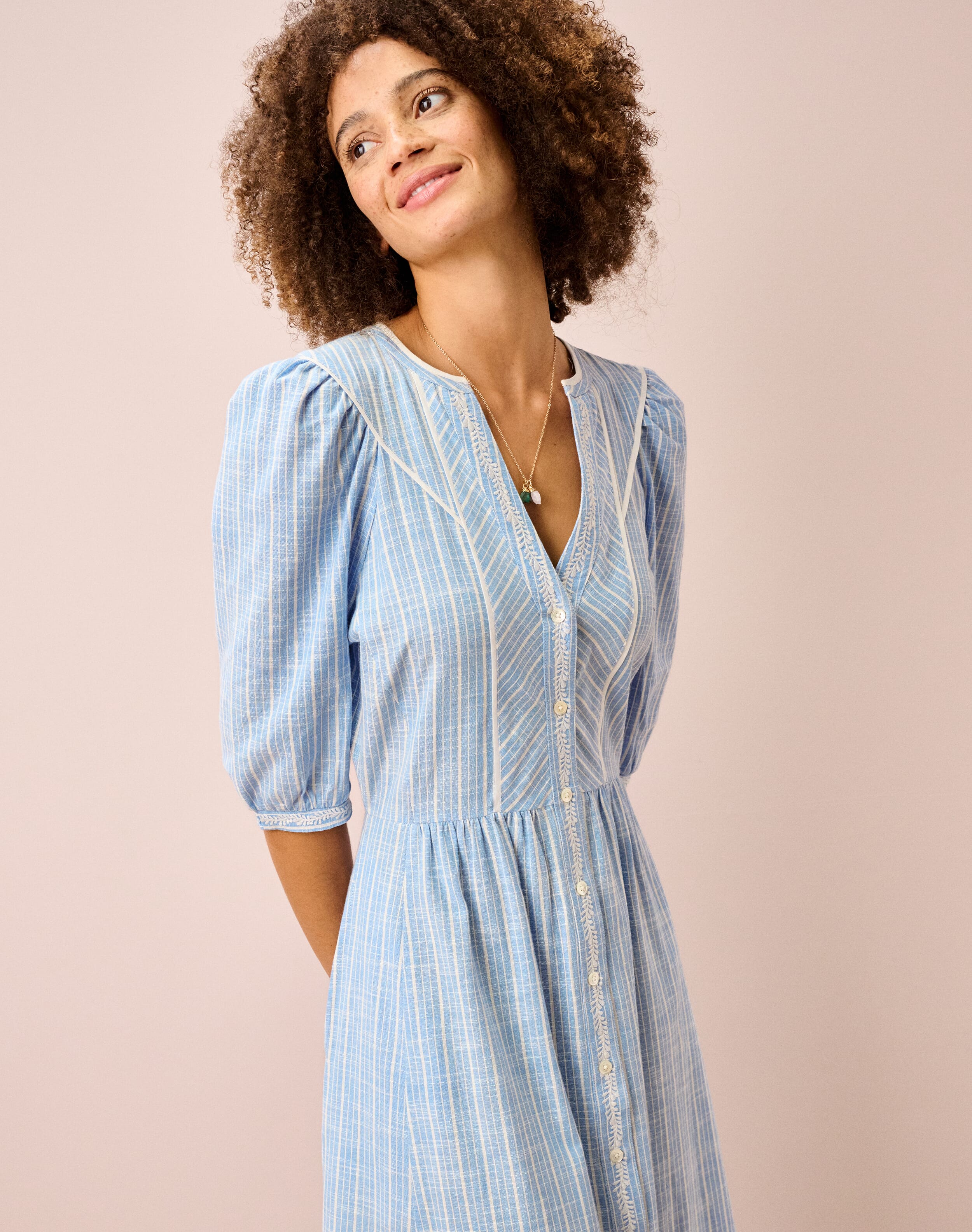 Cotton Stripe Embroidered Dress
