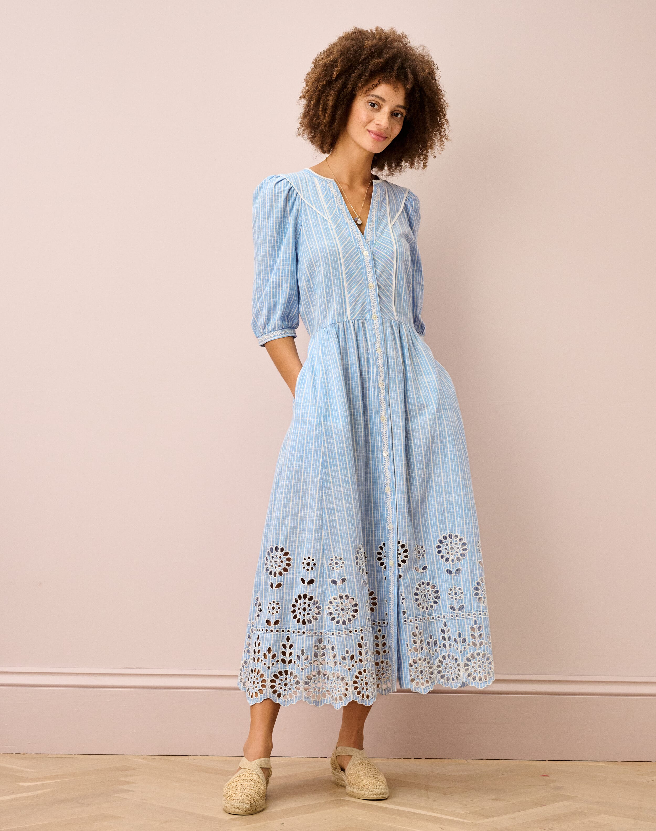 Cotton Stripe Embroidered Dress