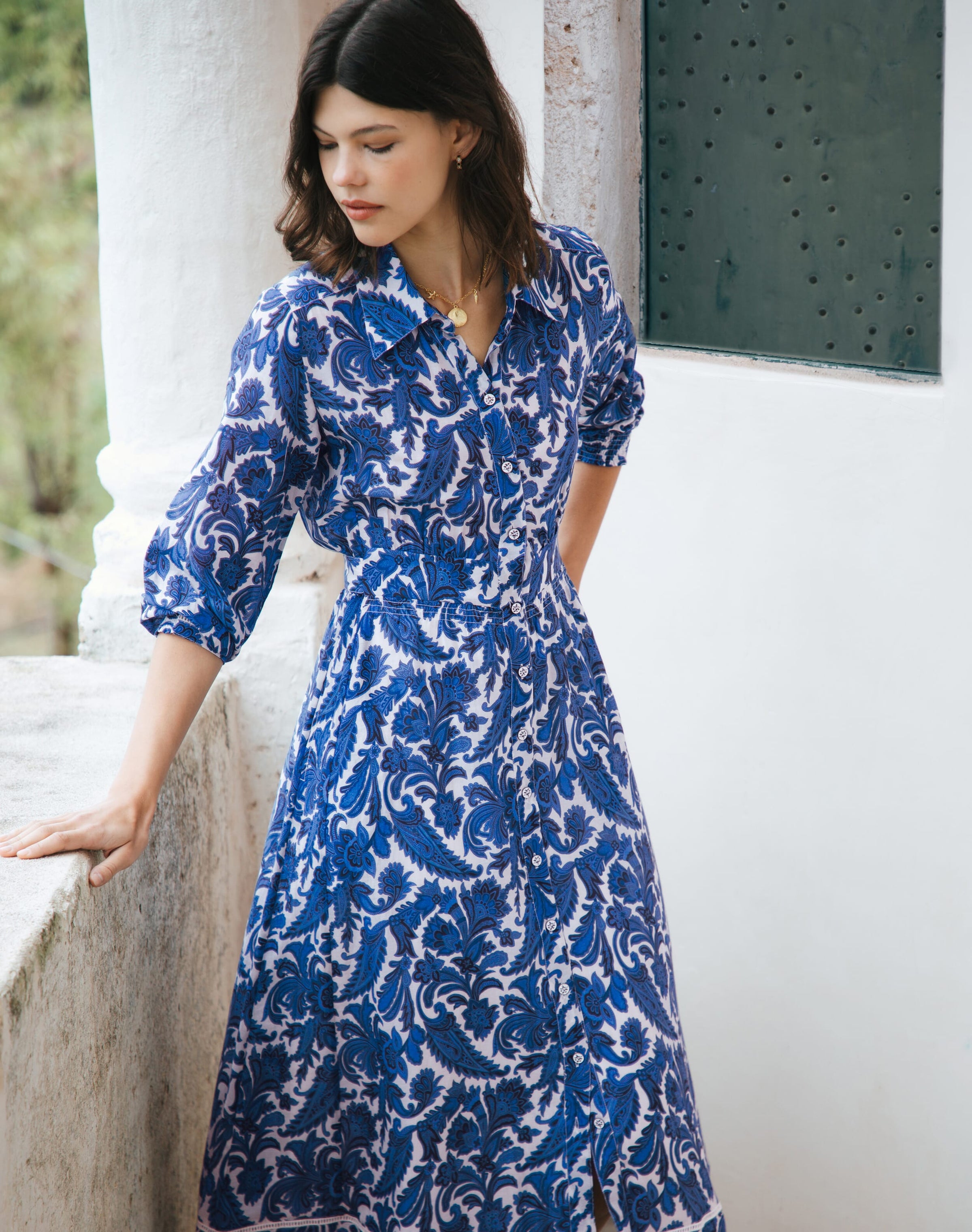 Silk Cotton Paisley Print Shirt Dress