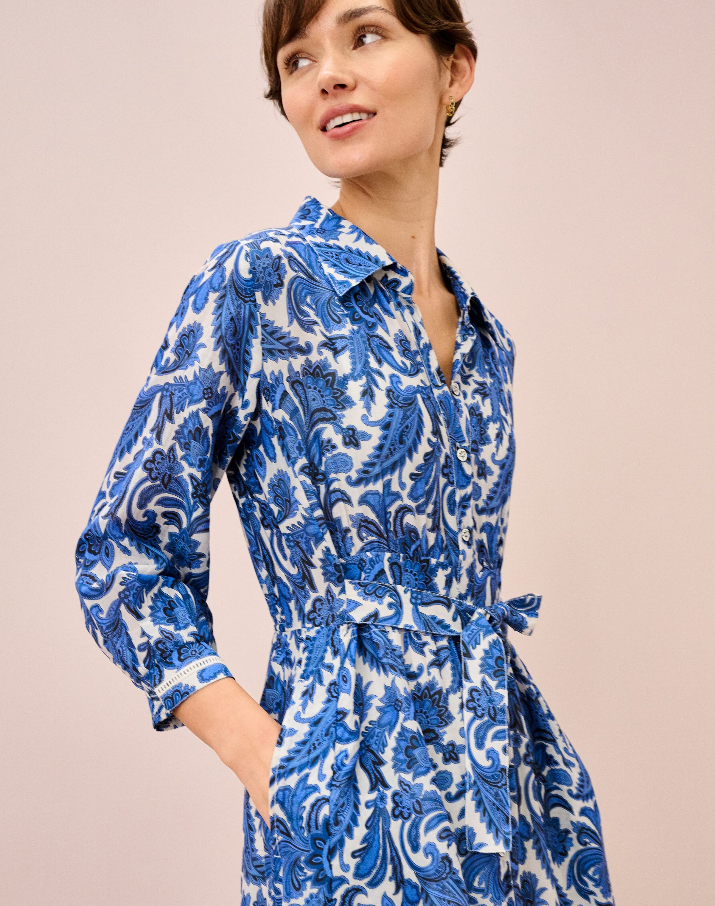 Silk Cotton Paisley Print Shirt Dress