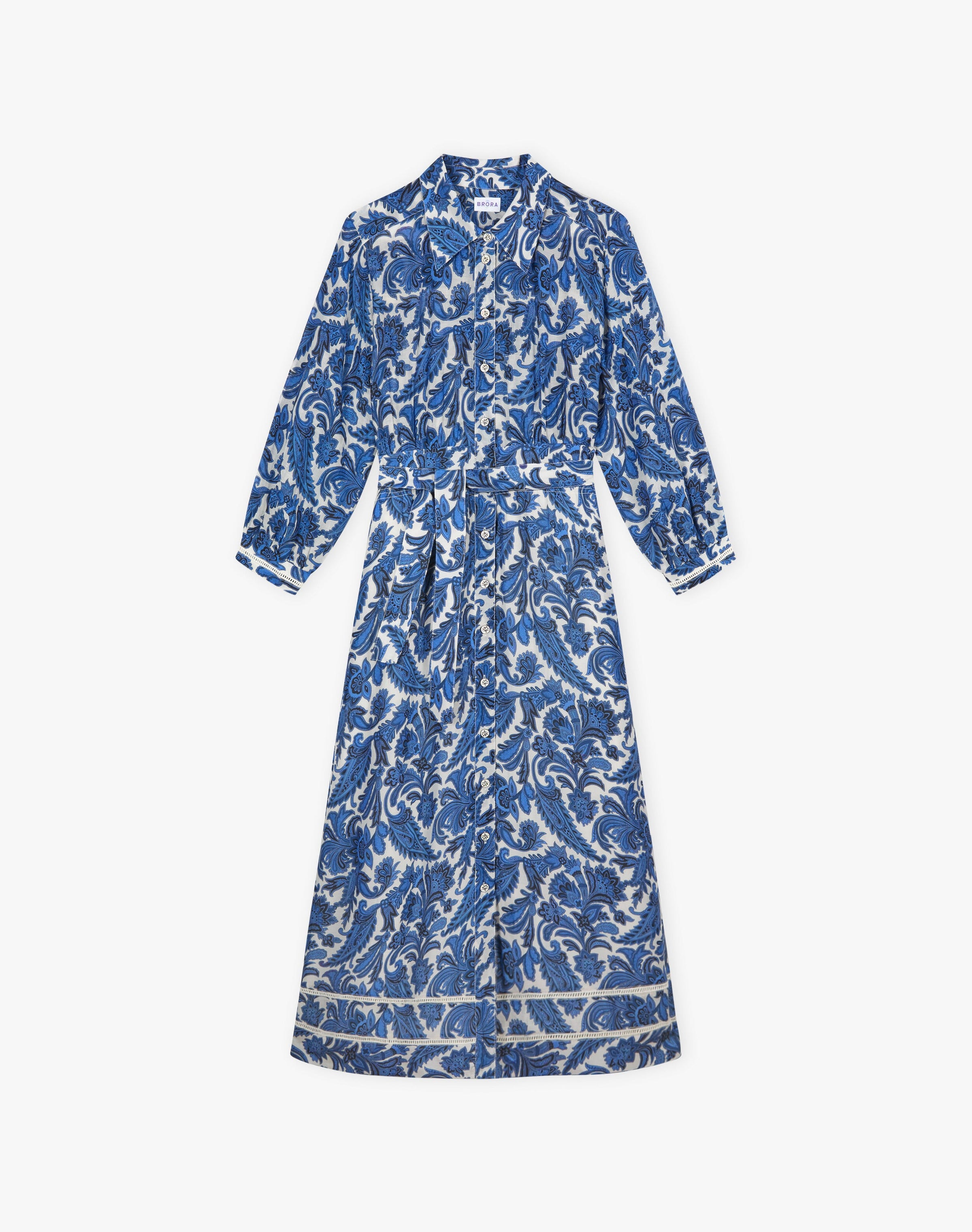 Silk Cotton Paisley Print Shirt Dress in Delft Blue
