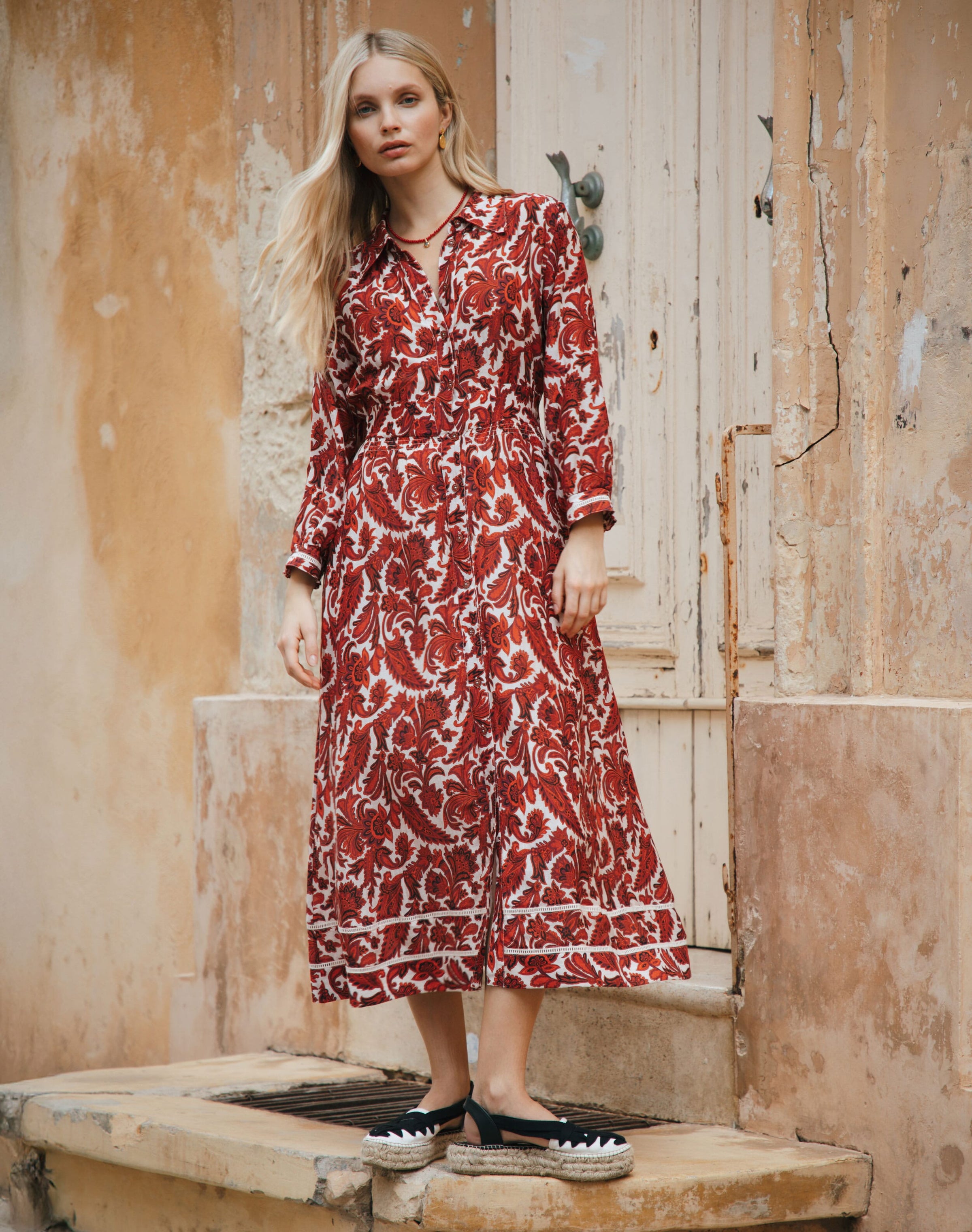 Silk Cotton Paisley Print Shirt Dress