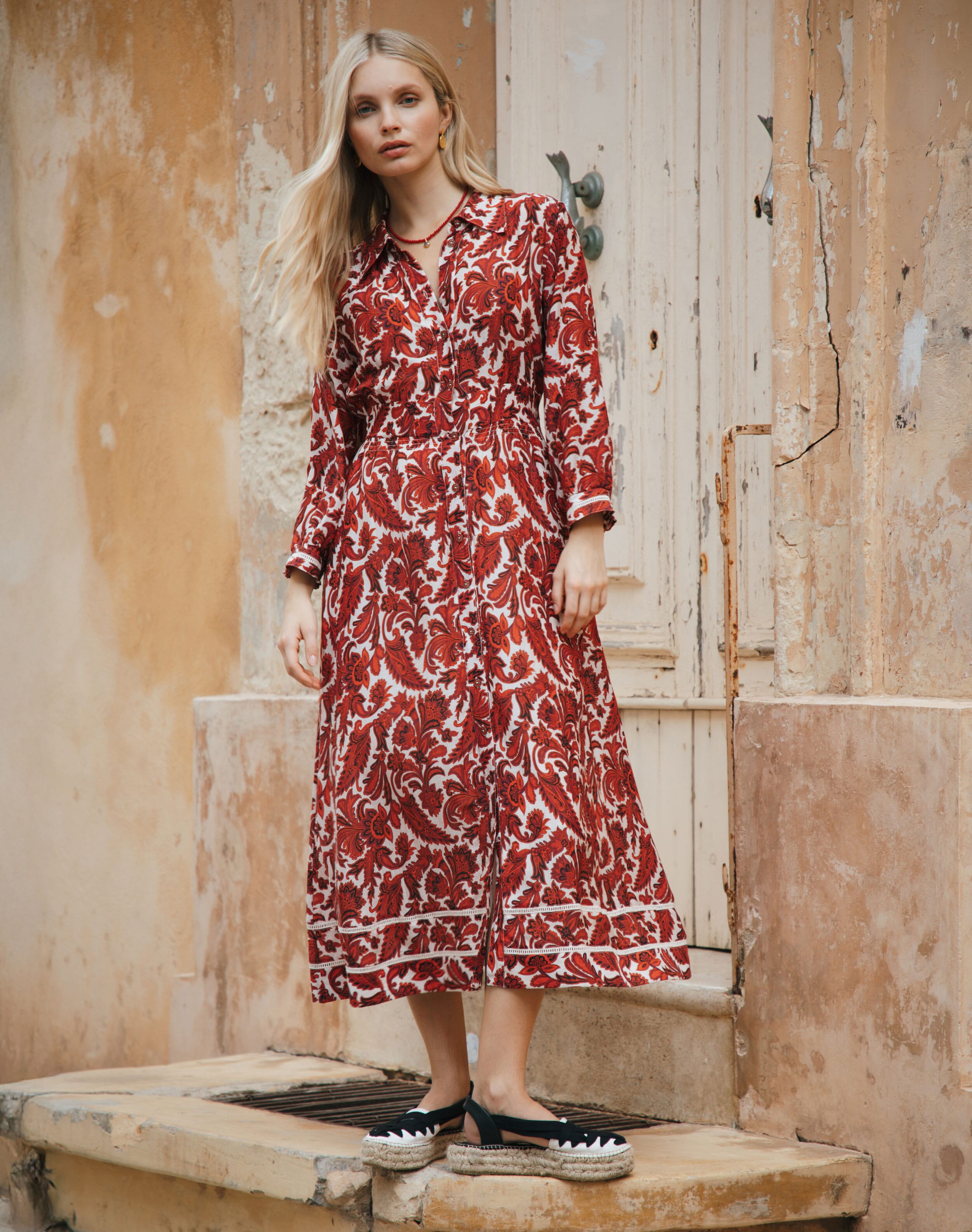 Silk Cotton Paisley Print Shirt Dress