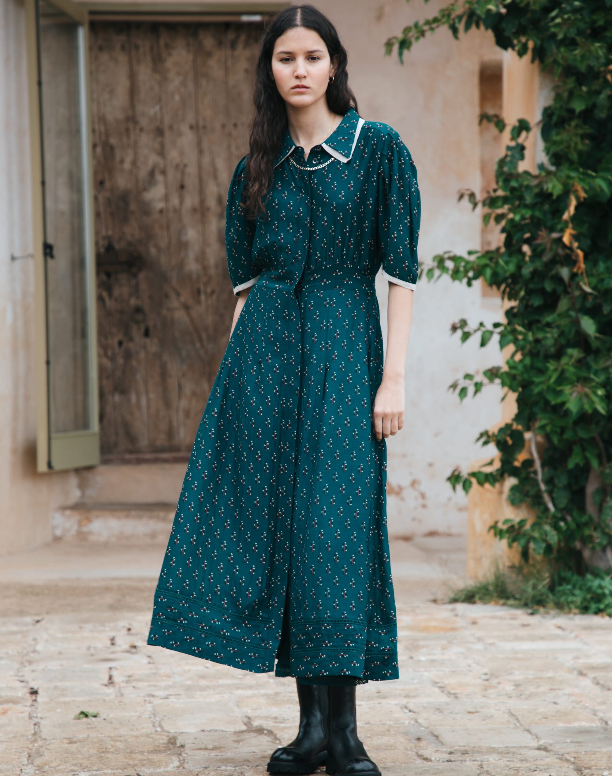 Silk Cotton Motif Print Shirt Dress