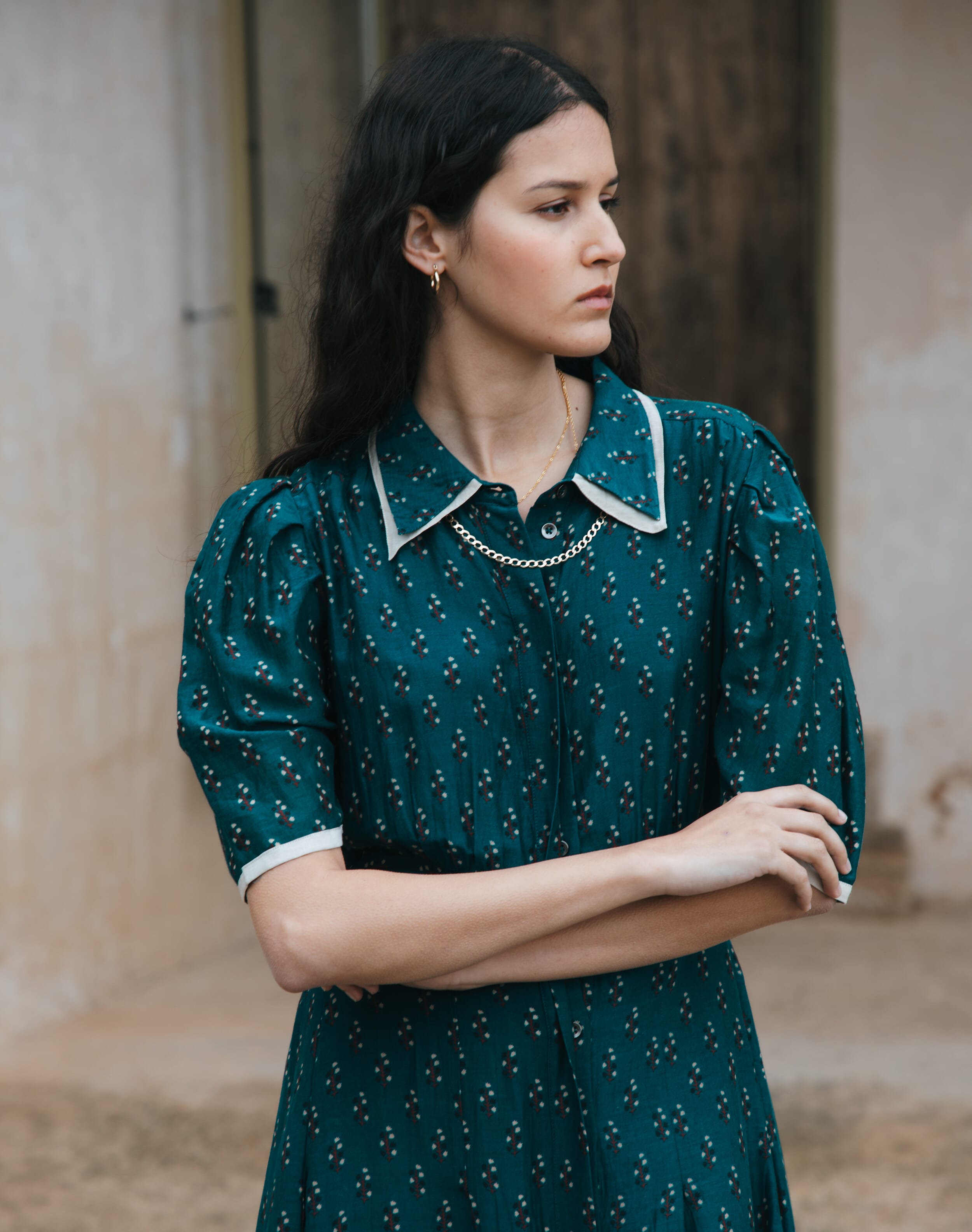 Silk Cotton Motif Print Shirt Dress