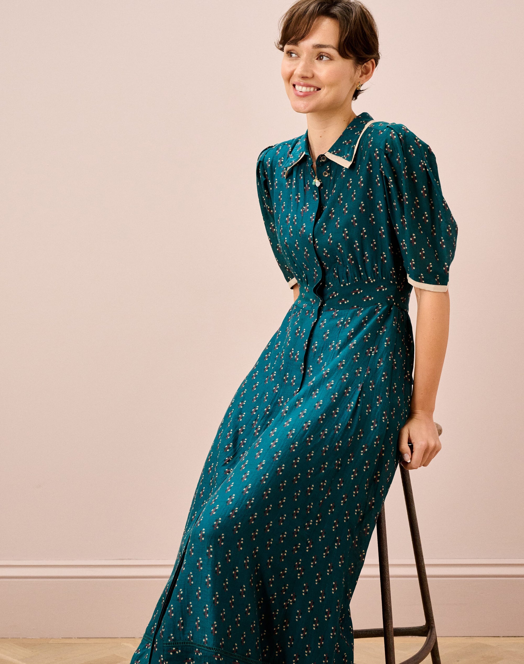 Silk Cotton Motif Print Shirt Dress
