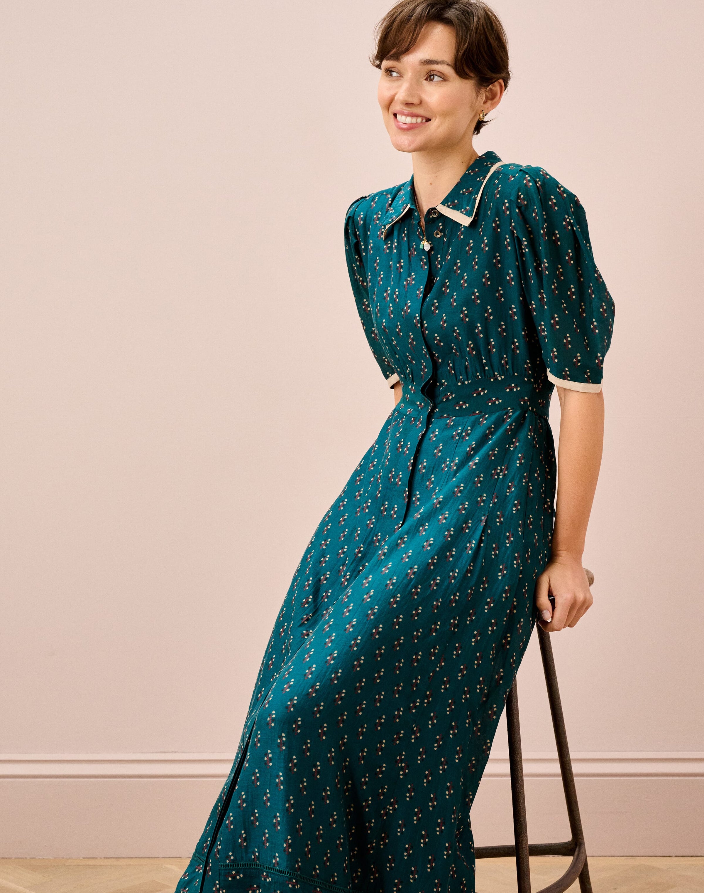 Silk Cotton Motif Print Shirt Dress