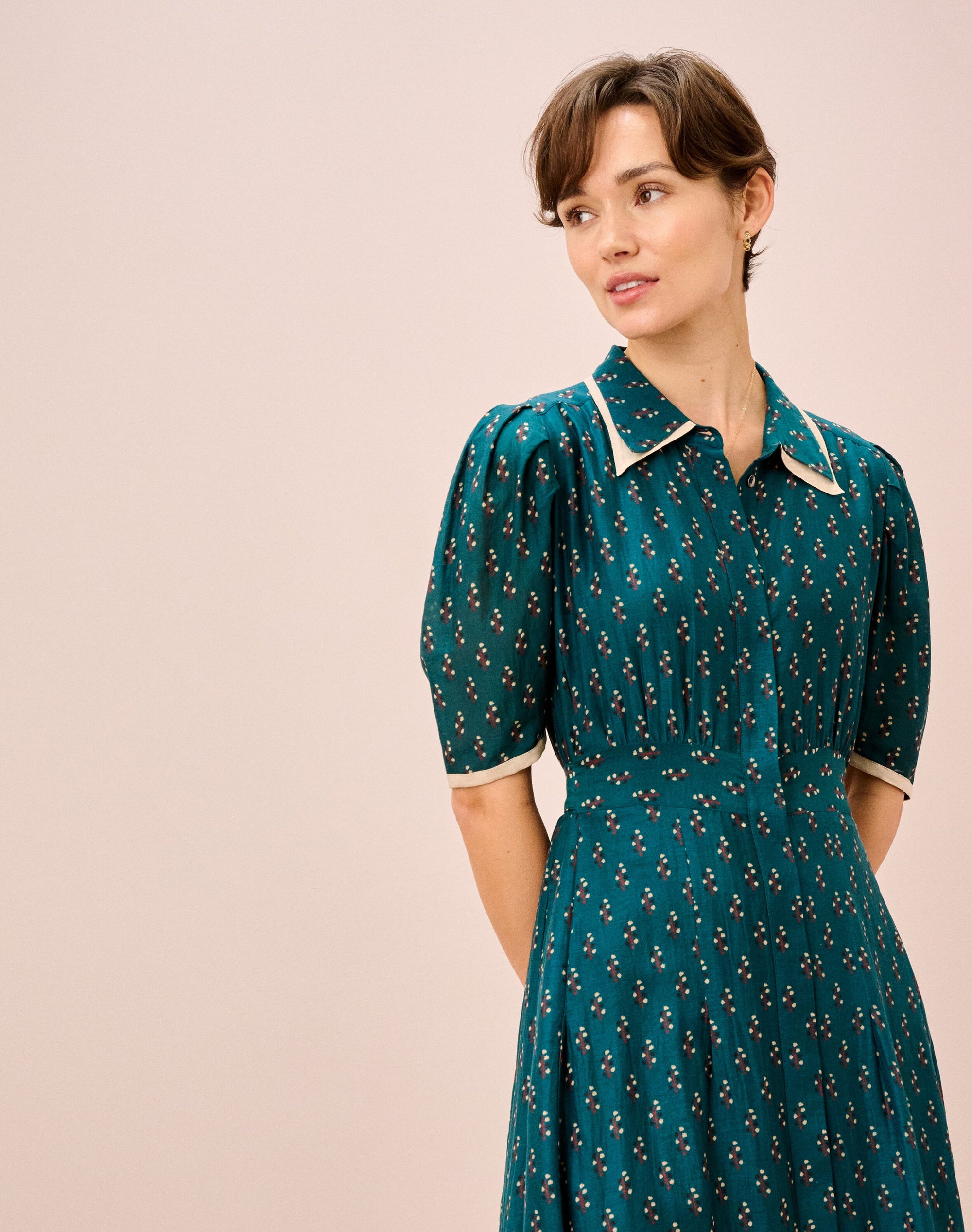 Silk Cotton Motif Print Shirt Dress