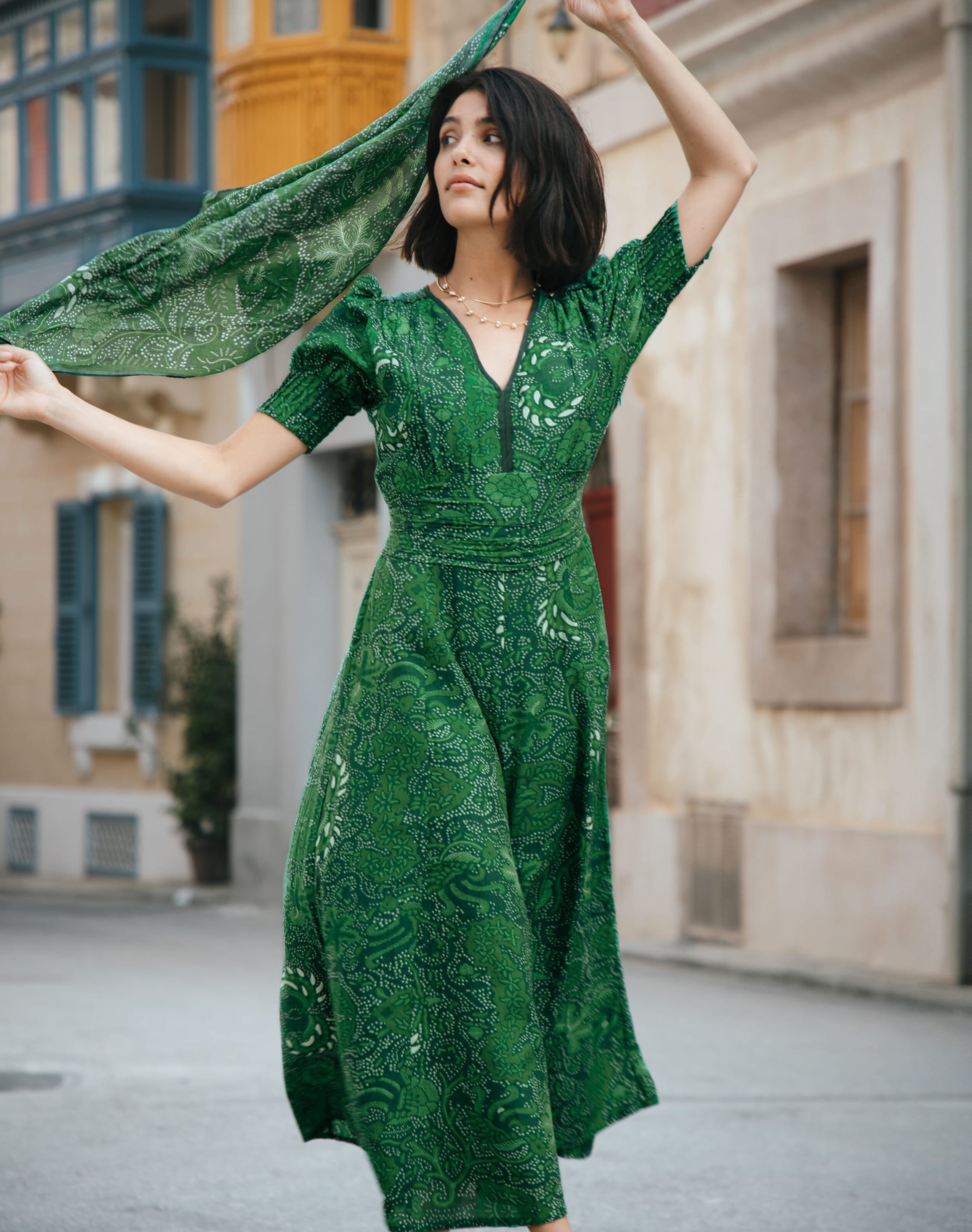 Silk Cotton Batik Print Dress in Leaf Green