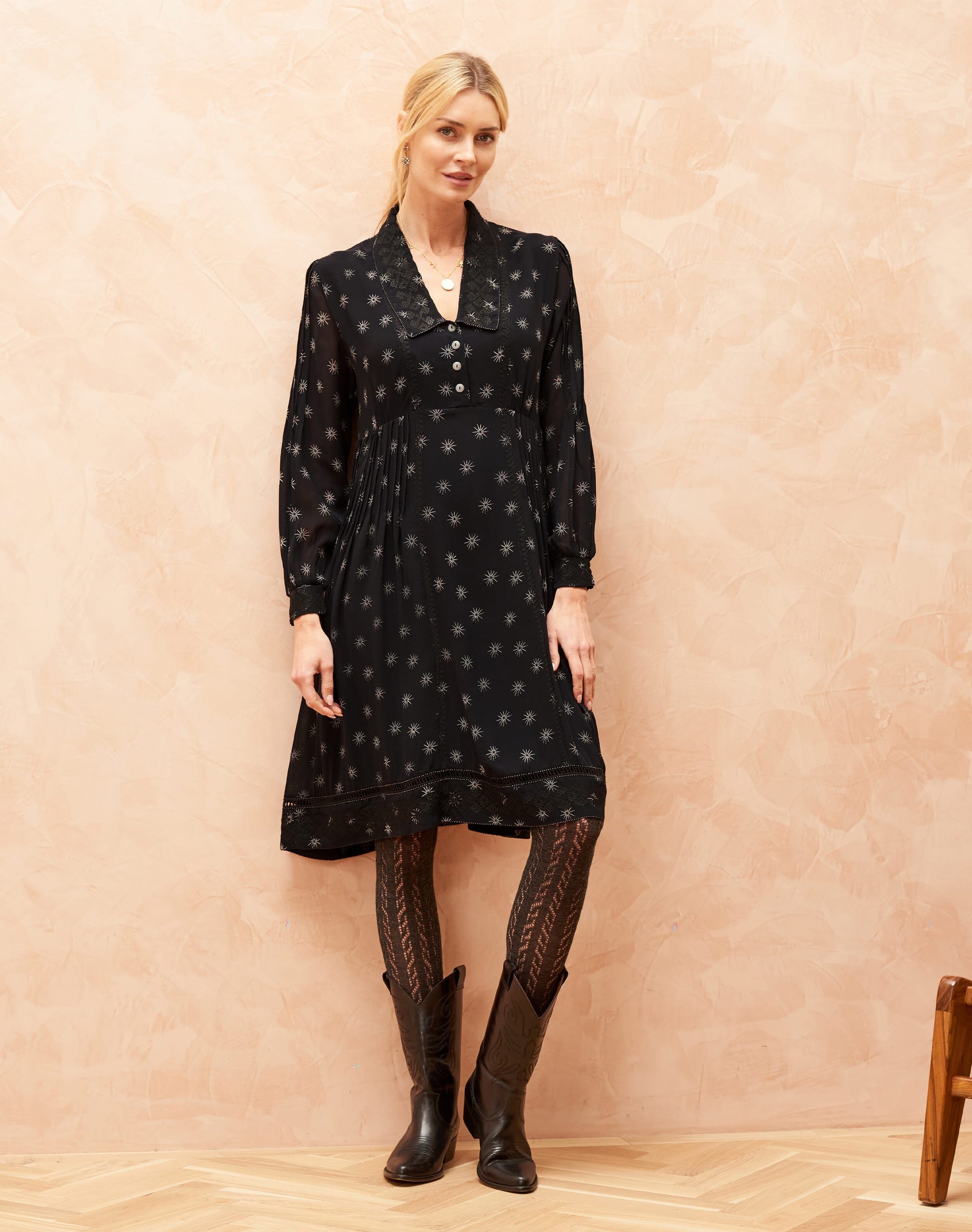 Silk Etched Star Embroidered Dress