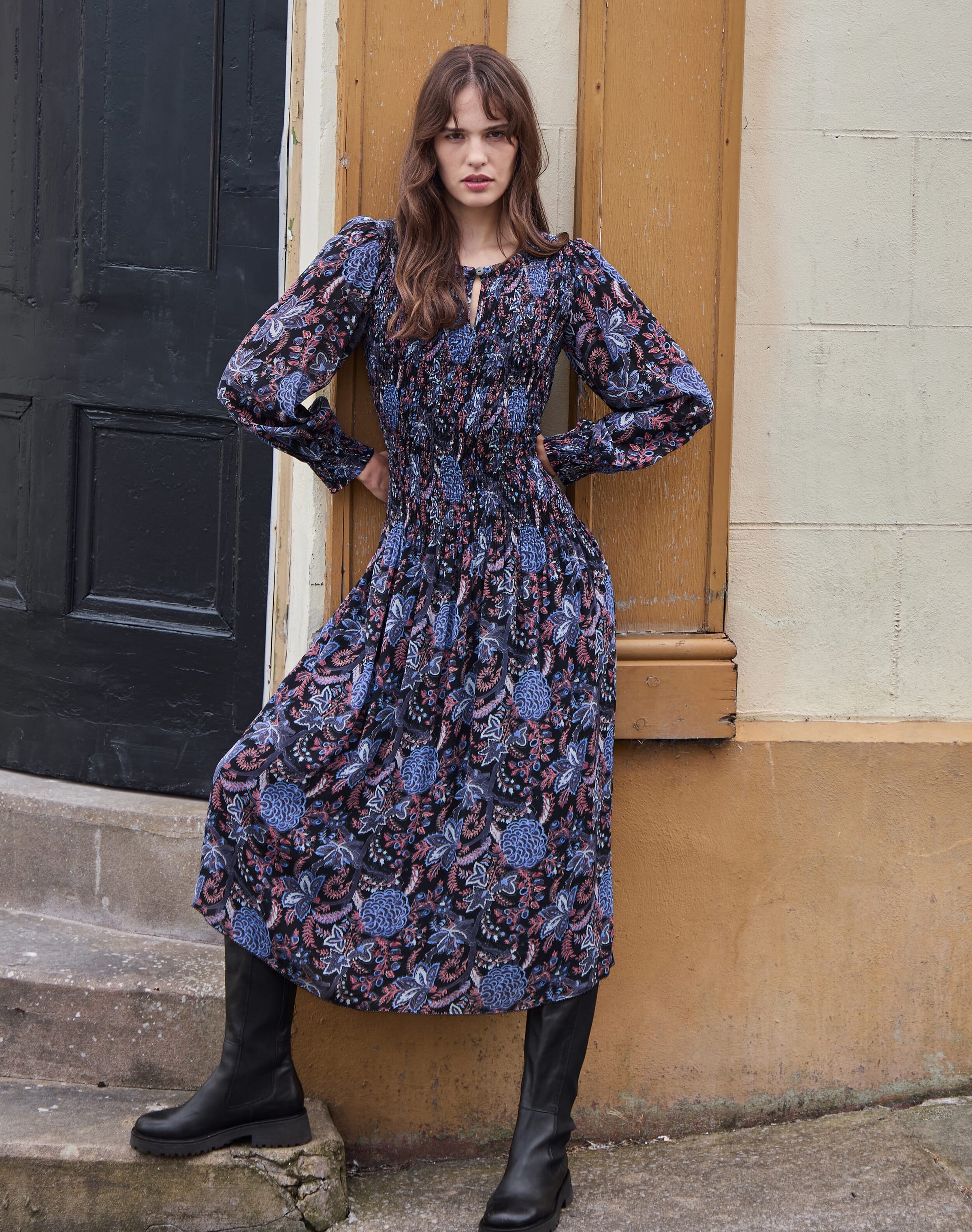 Botanical Print Shirred Dress
